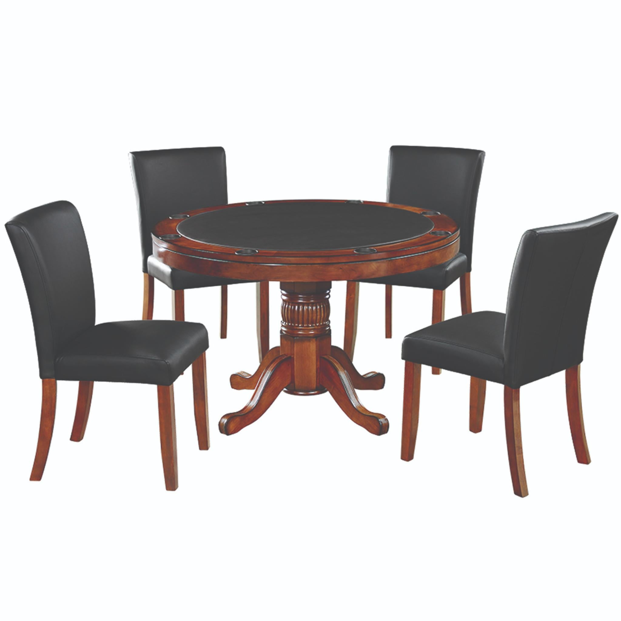 Ram Game Room 48-inch round 3-in-1 game table set with poker, dining surface, and four matching chairs in cappuccino finish.