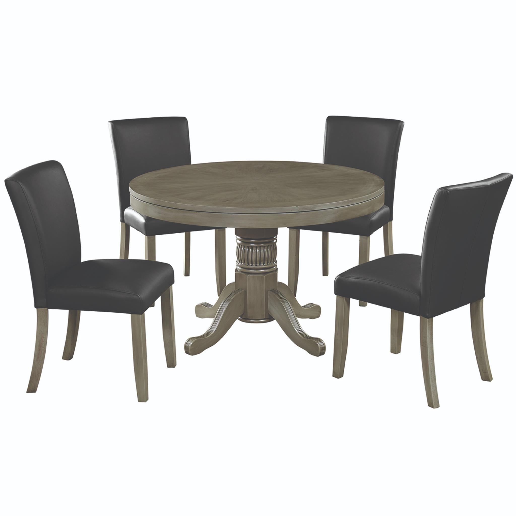 Round 48-inch Ram Game Room 3-in-1 game table set with poker and dining surfaces, includes four matching dining chairs.