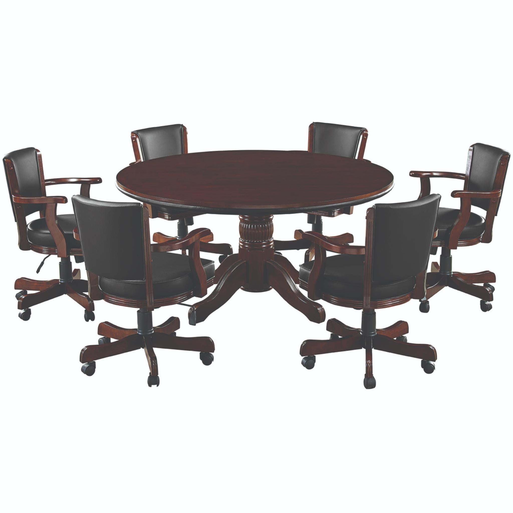 Ram Game Room 60-inch 2-in-1 poker and dining table set with six swivel chairs in cappuccino finish.