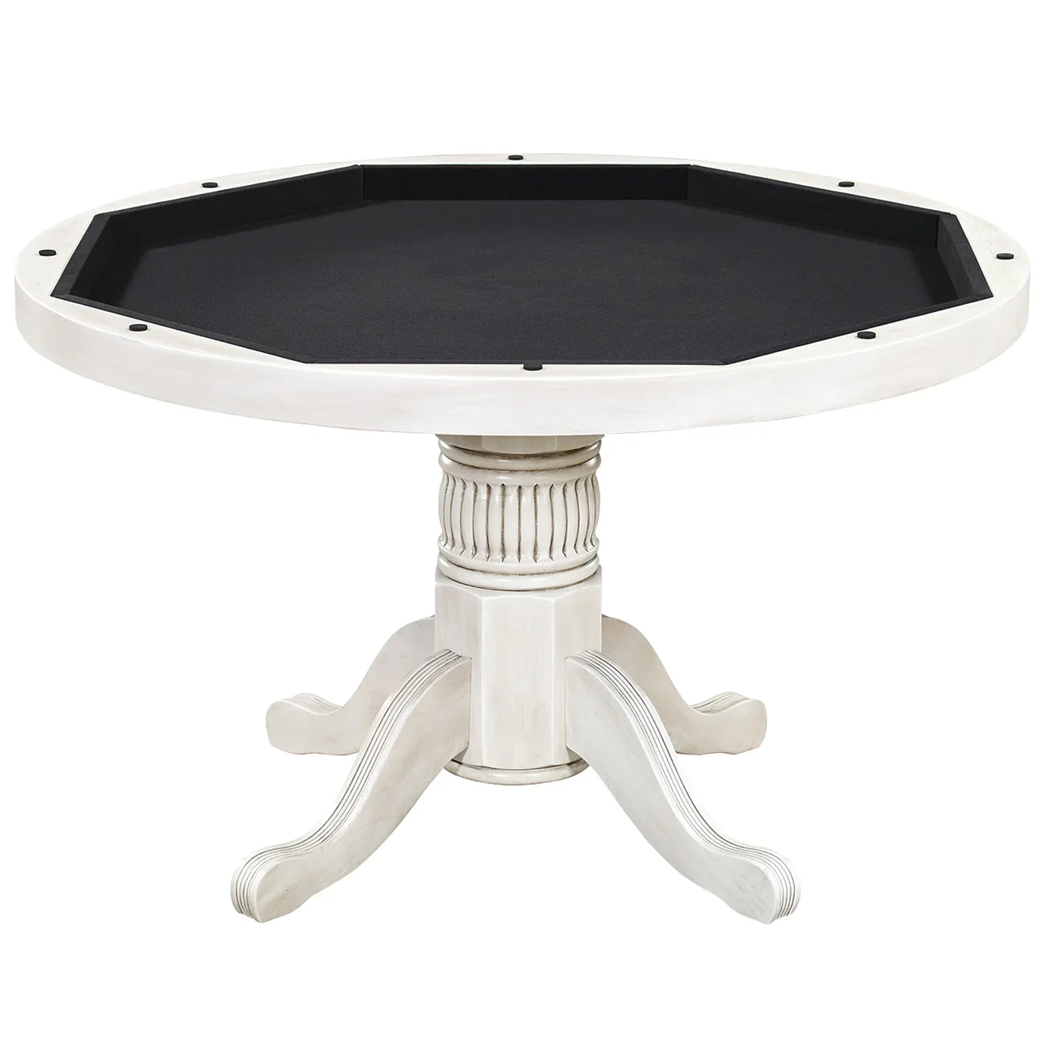 Ram Game Room 3-in-1 game table with round poker, dining, and storage features in antique white, 48-inch size.