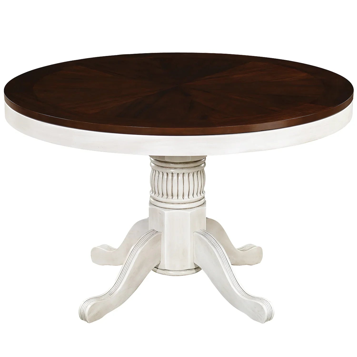 Ram Game Room 3-in-1 48-inch round game table with poker, dining, and storage features in antique white finish.