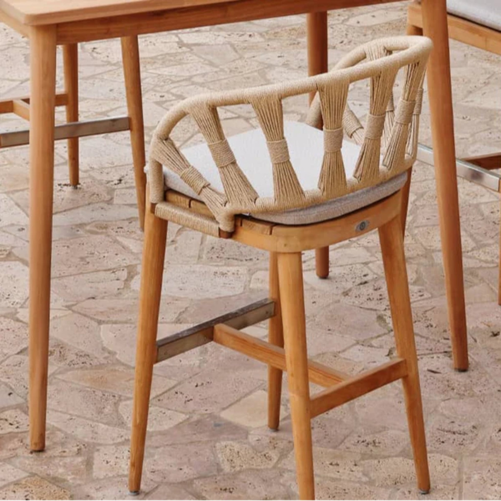 Skyline Design Krabi 5-piece outdoor bar set with teak pub table and four outdoor barstools with natural rope seating