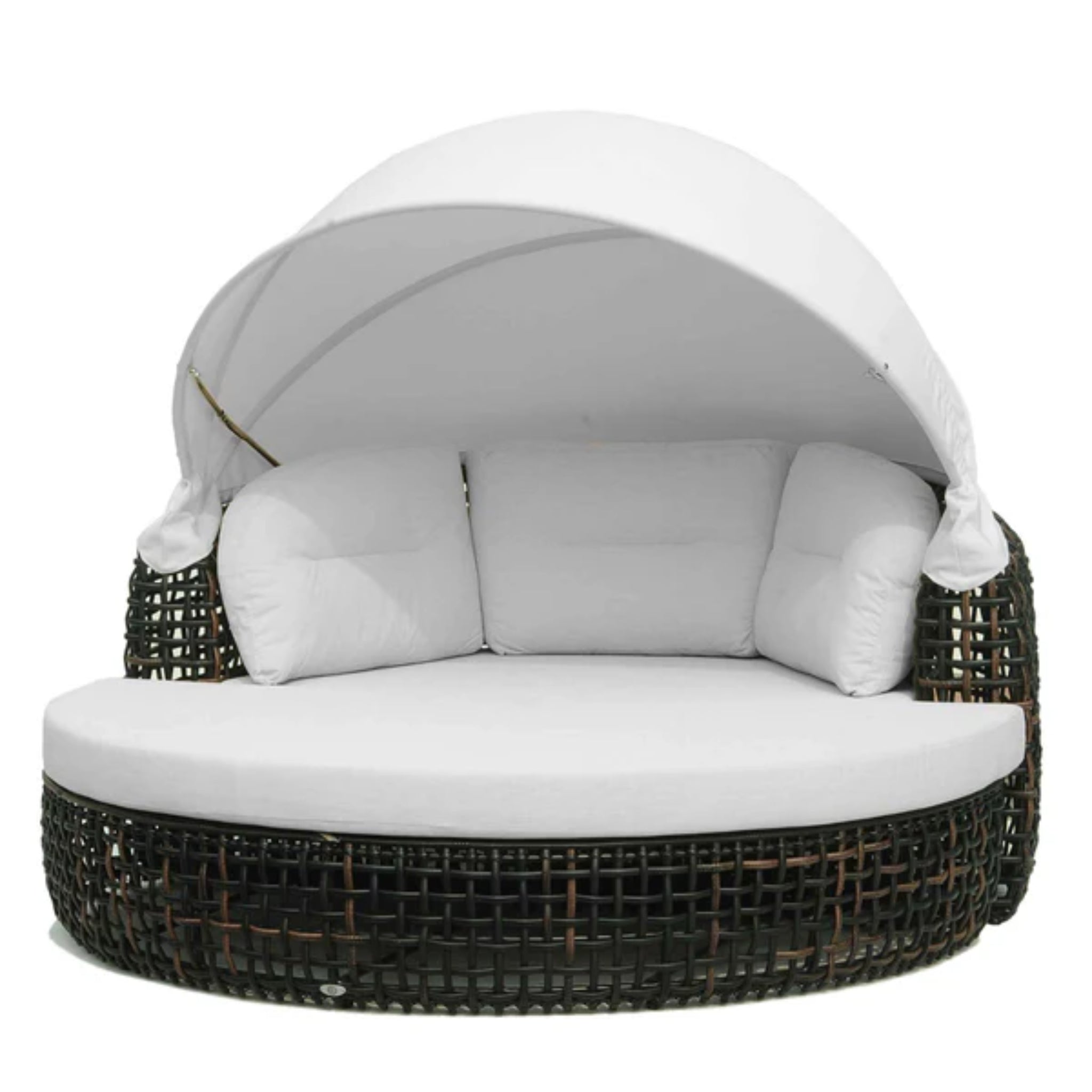 Skyline Design Dynasty outdoor daybed with canopy in black mushroom woven fiber, luxury outdoor furniture for relaxing outdoor spaces.