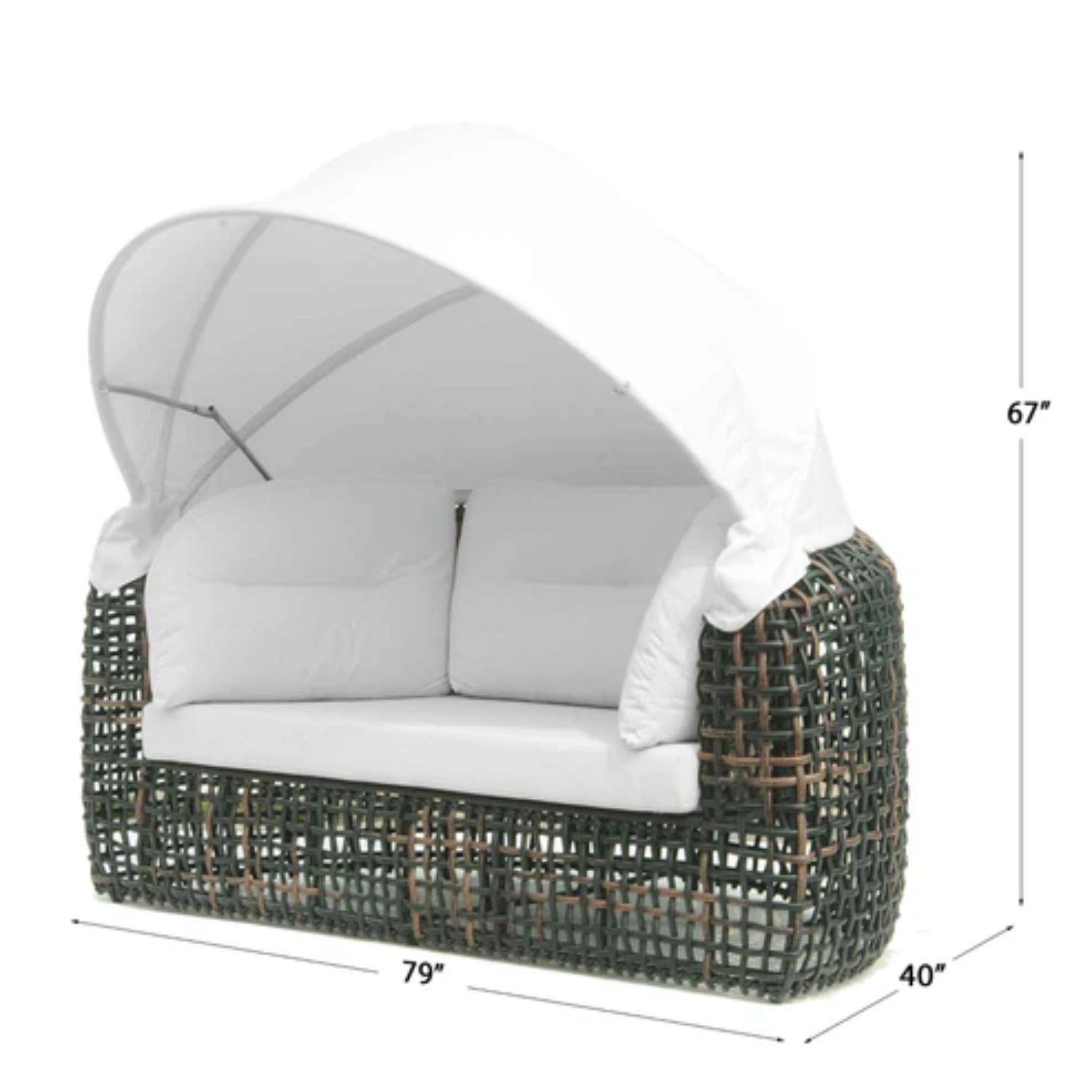 Skyline Design Dynasty outdoor daybed with canopy, black mushroom woven fiber, luxurious outdoor lounging set.