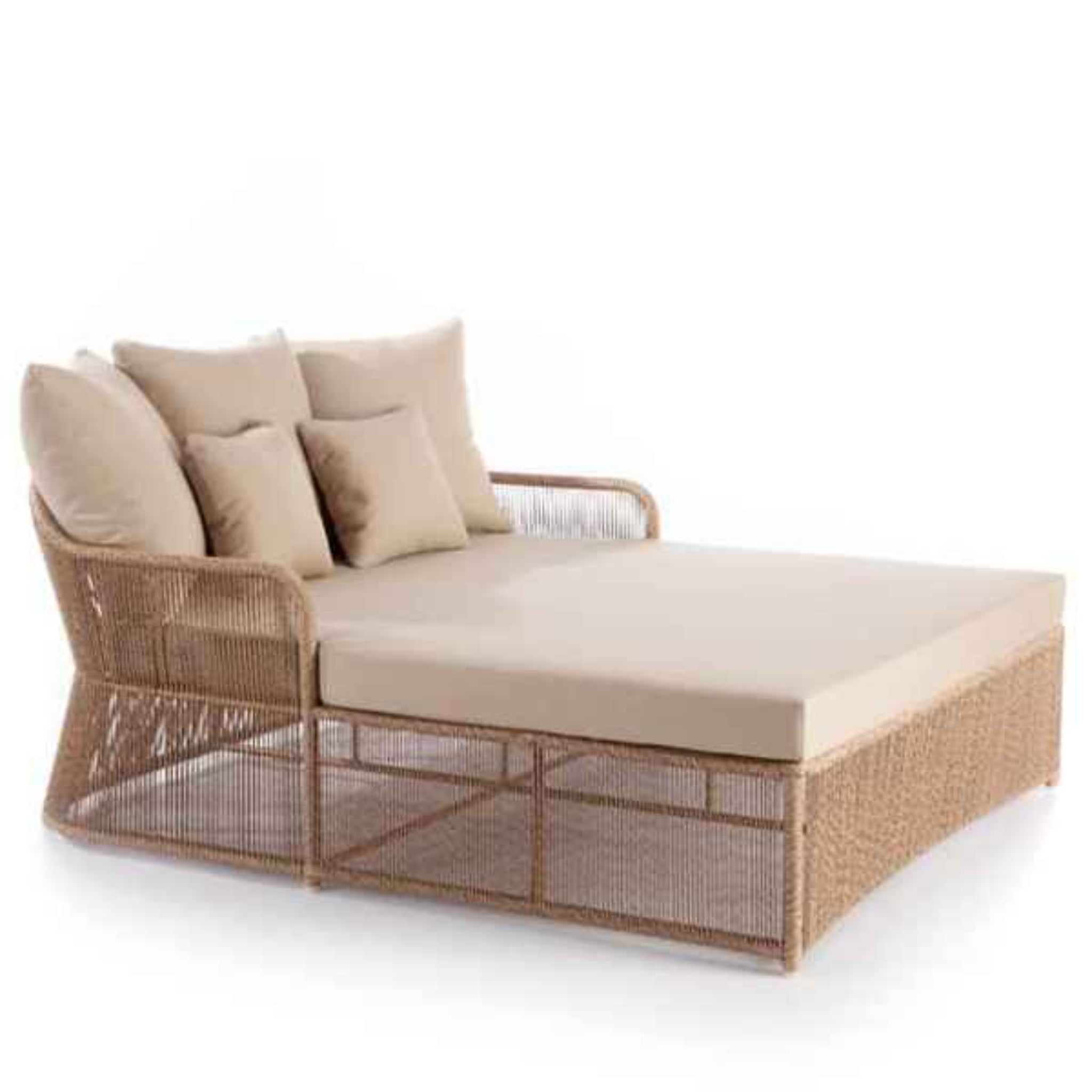 Skyline Design Calixto outdoor daybed with Nigerian twist weave, luxurious outdoor lounge furniture, featuring plush cushions.