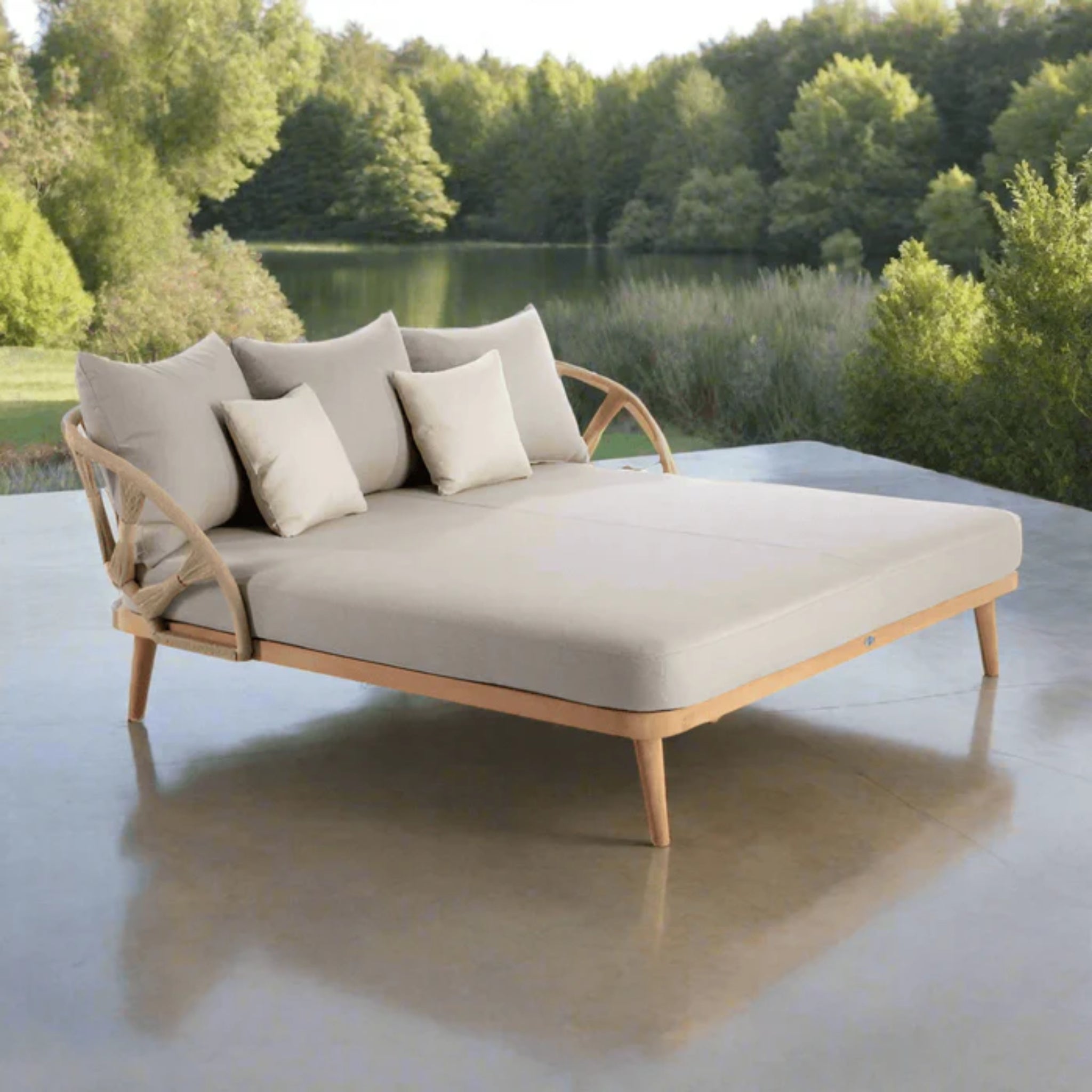 Skyline Design Krabi outdoor daybed set with natural Rami rope and teak wood, perfect for luxurious outdoor lounging.