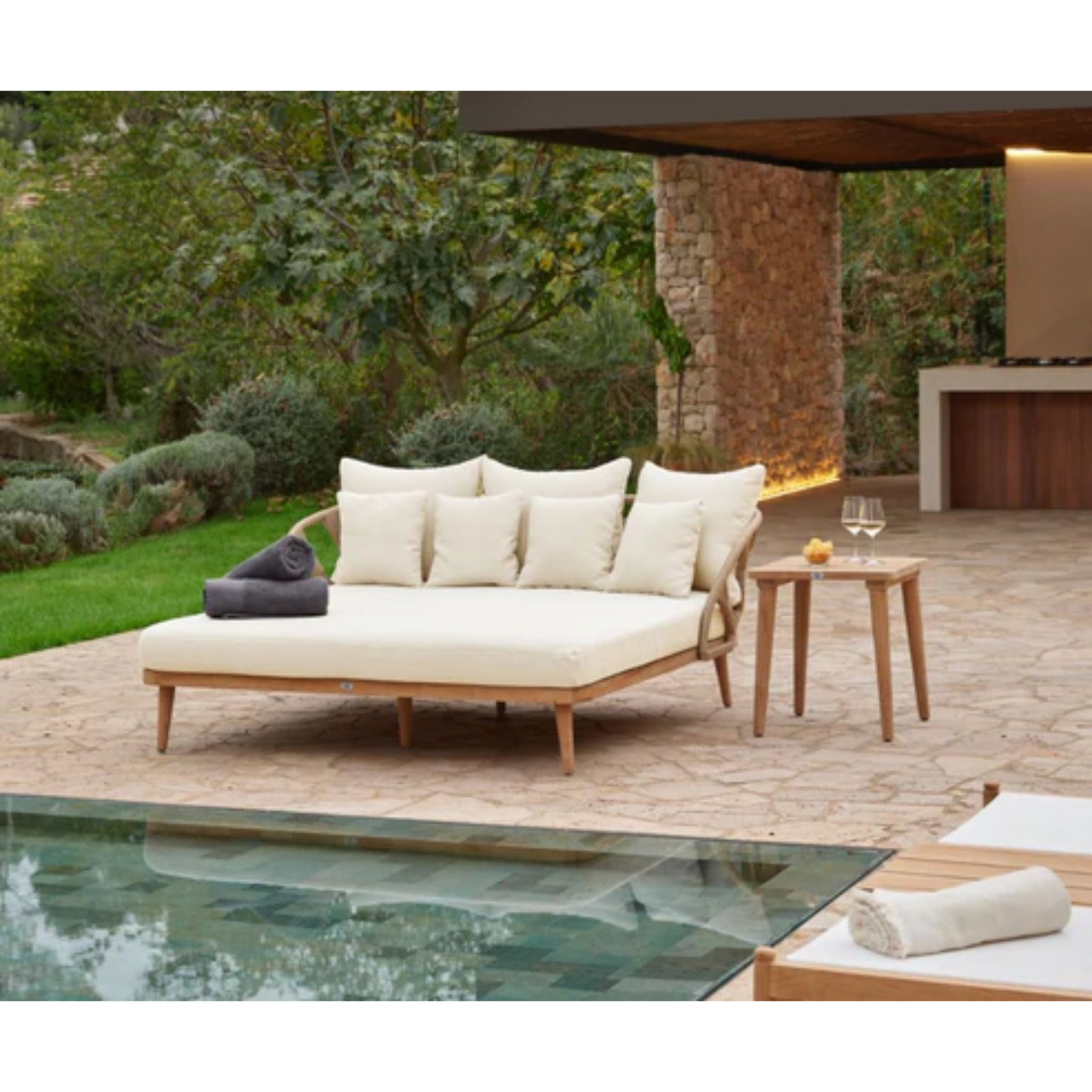 Skyline Design Krabi outdoor daybed set with Rami natural rope and teak wood frame, luxurious and stylish for outdoor lounging.