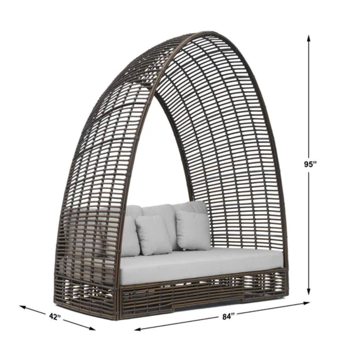 Skyline Design Ruby outdoor daybed with woven fiber in mushroom finish, luxury patio seating with plush cushions.