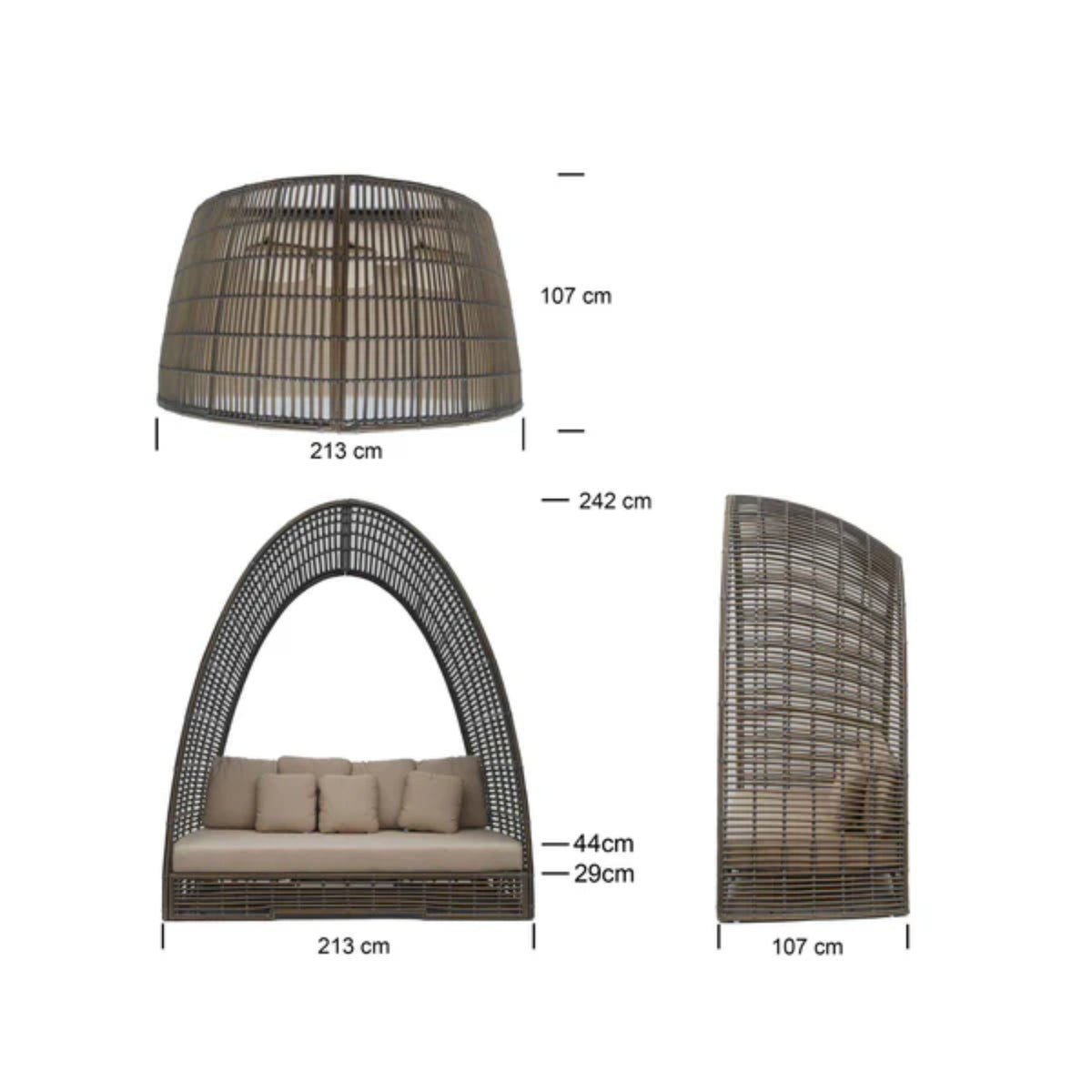 Skyline Design Ruby outdoor daybed with luxury woven fiber in mushroom finish, featuring plush cushions for patio lounging.
