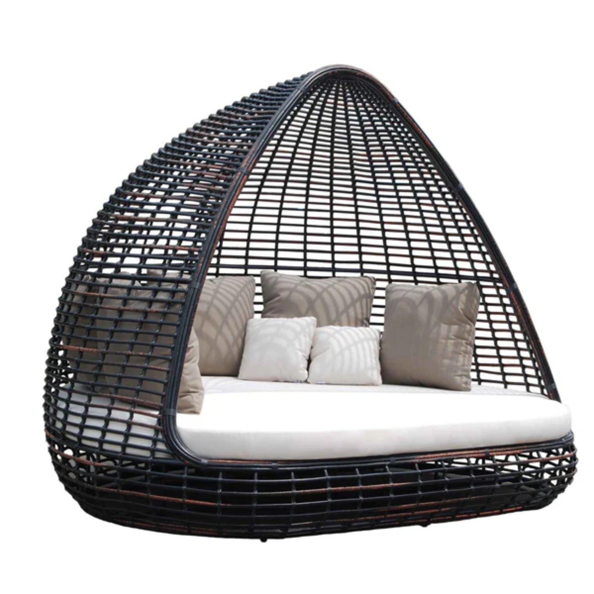 Skyline Design outdoor daybed with woven fiber in mushroom finish, featuring plush cushions for comfortable patio lounging.