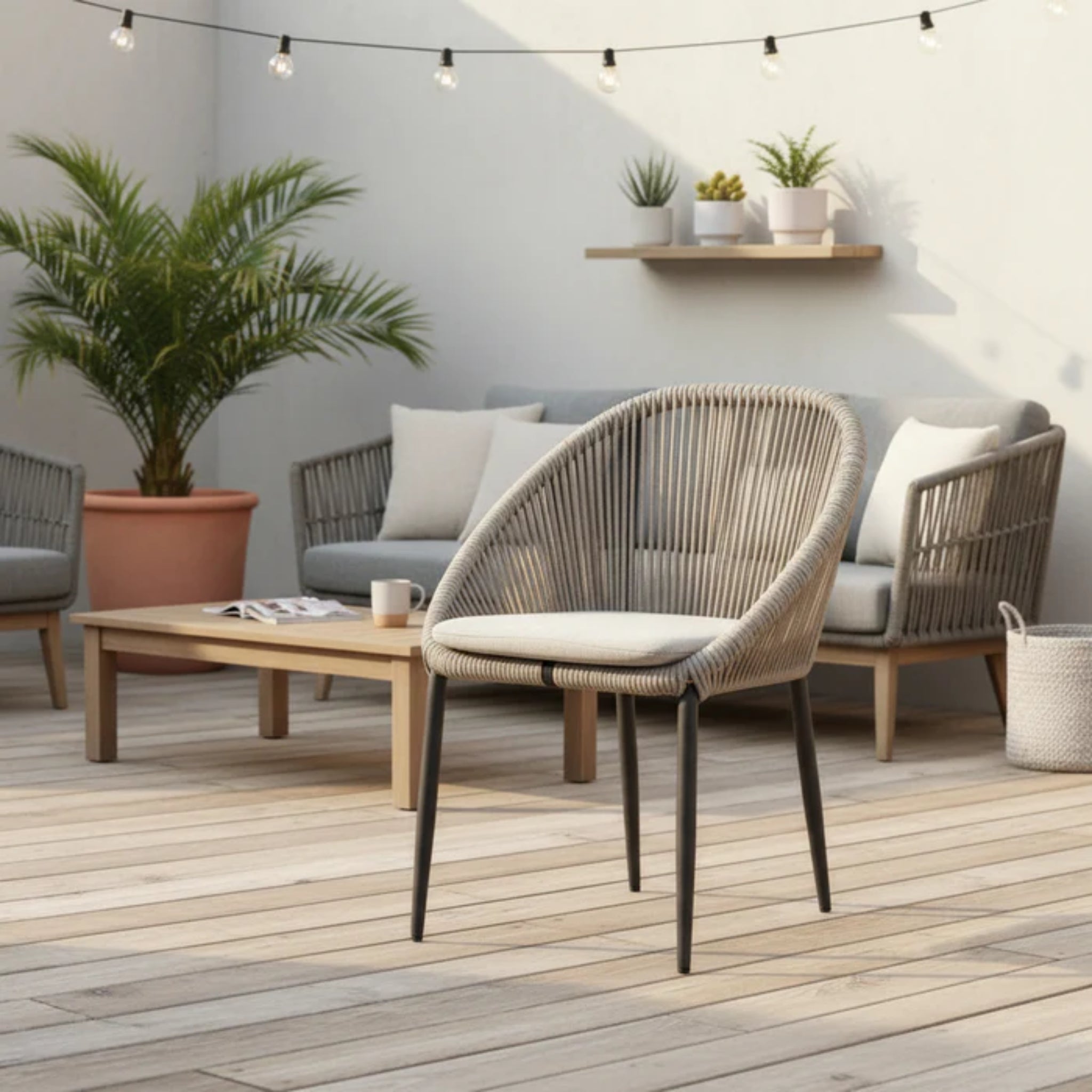 Skyline Design Rodona outdoor dining armchair with silver grey polyrope, featuring a stylish and comfortable design for outdoor seating.