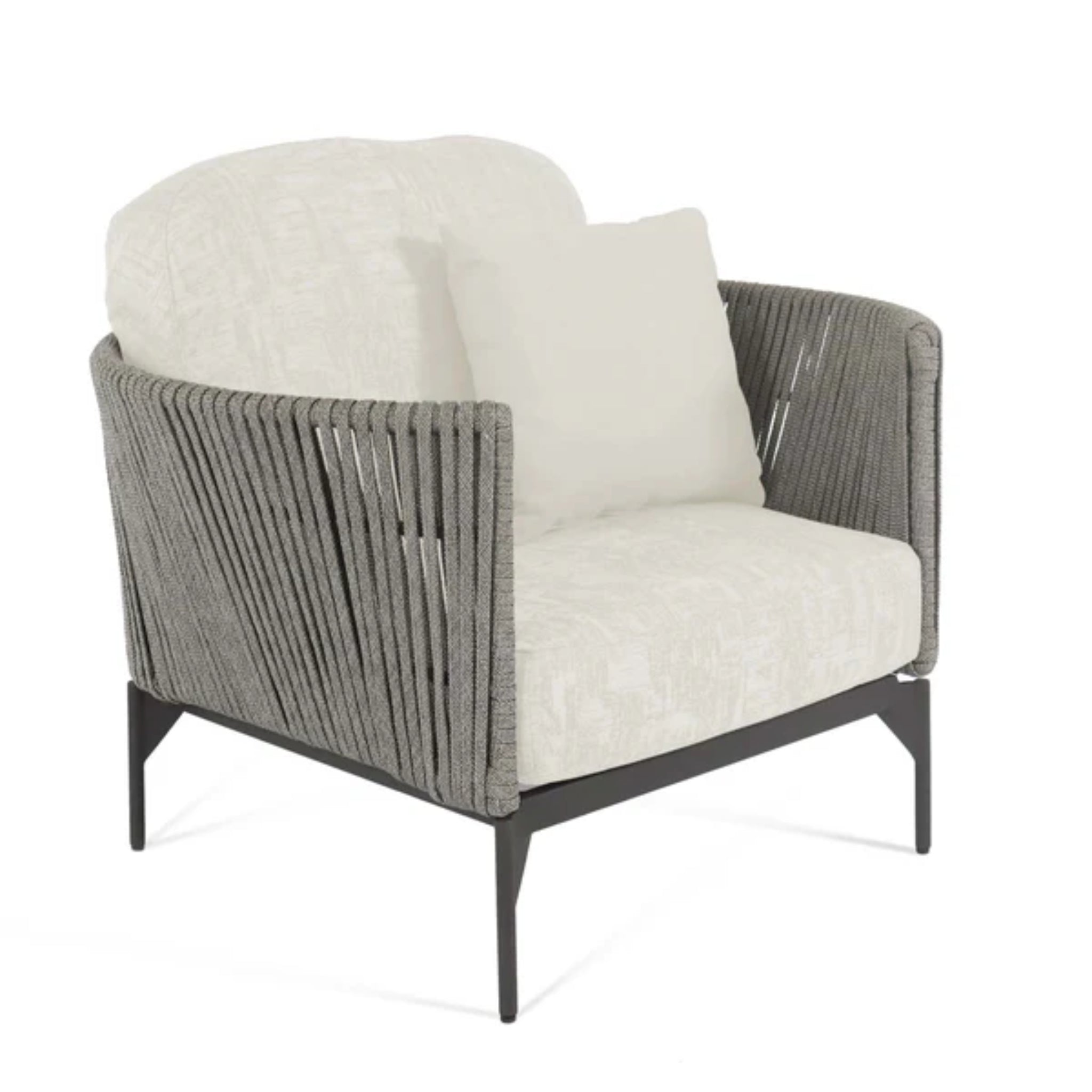 Skyline Design Boston outdoor lounge chair with light grey strap weave, patio armchair, comfortable and stylish for outdoor seating.