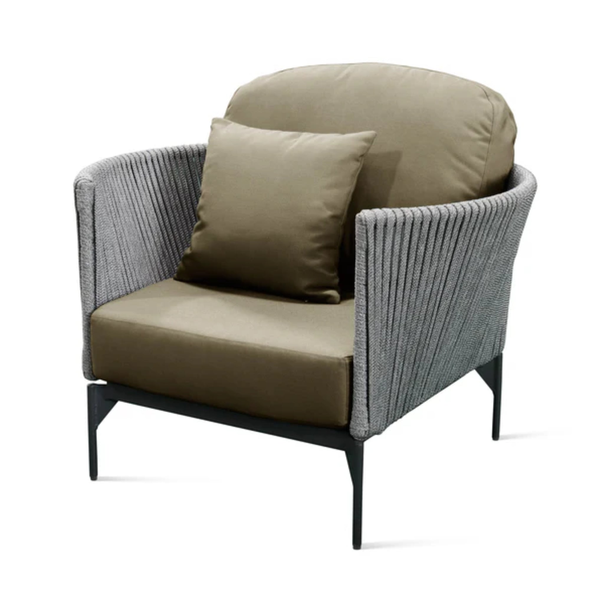 Skyline Design Boston outdoor lounge chair with light grey strap weave and armrests, ideal for patio and outdoor relaxation.