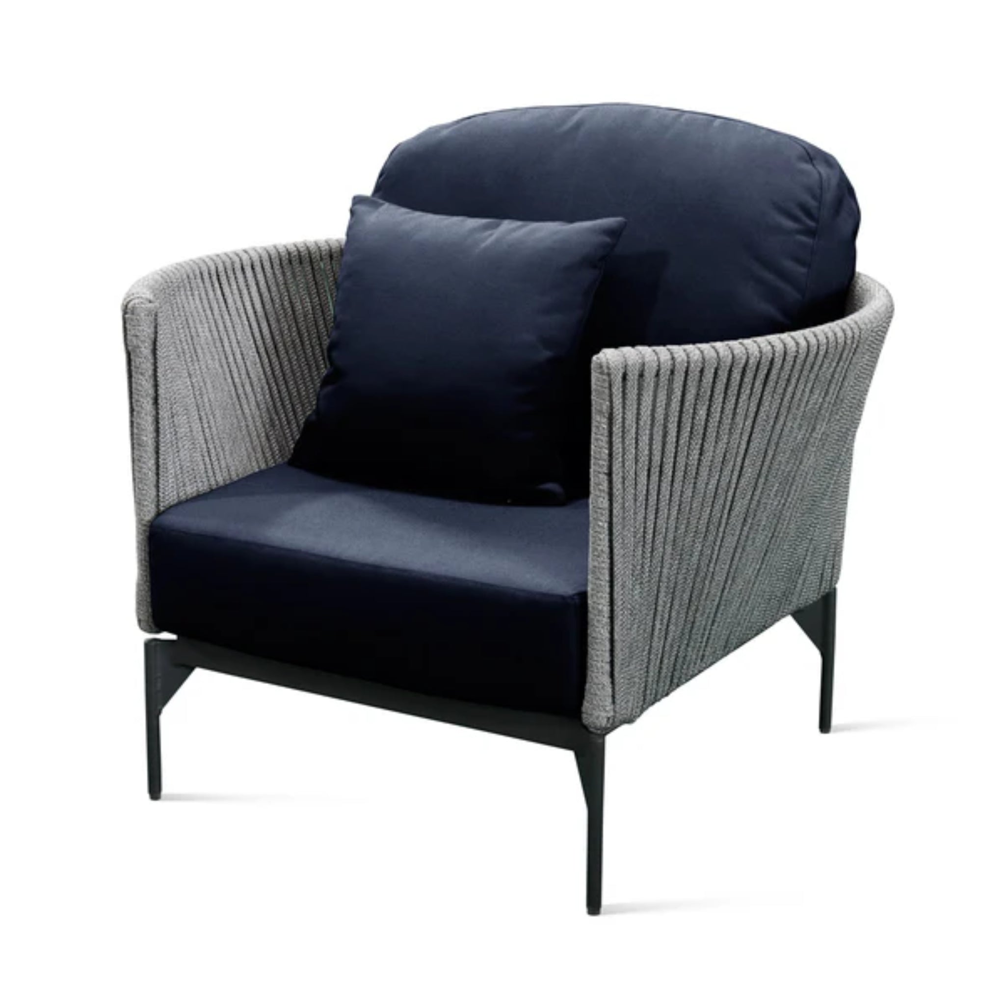 Skyline Design Boston outdoor lounge chair with light grey strap weave and armrest for patio relaxation.