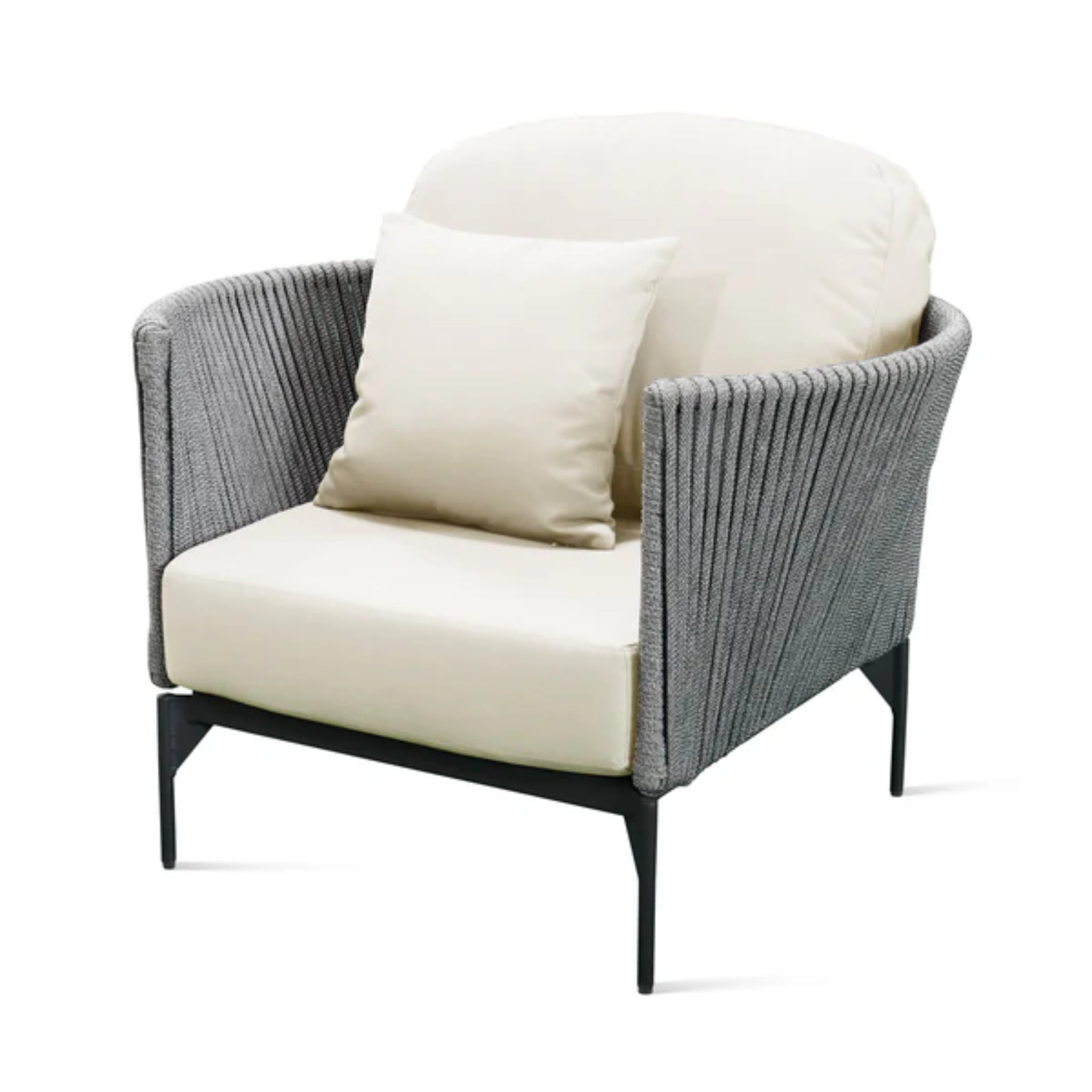 Skyline Design Boston outdoor lounge chair with light grey strap weave and armrests, ideal for patio relaxation.