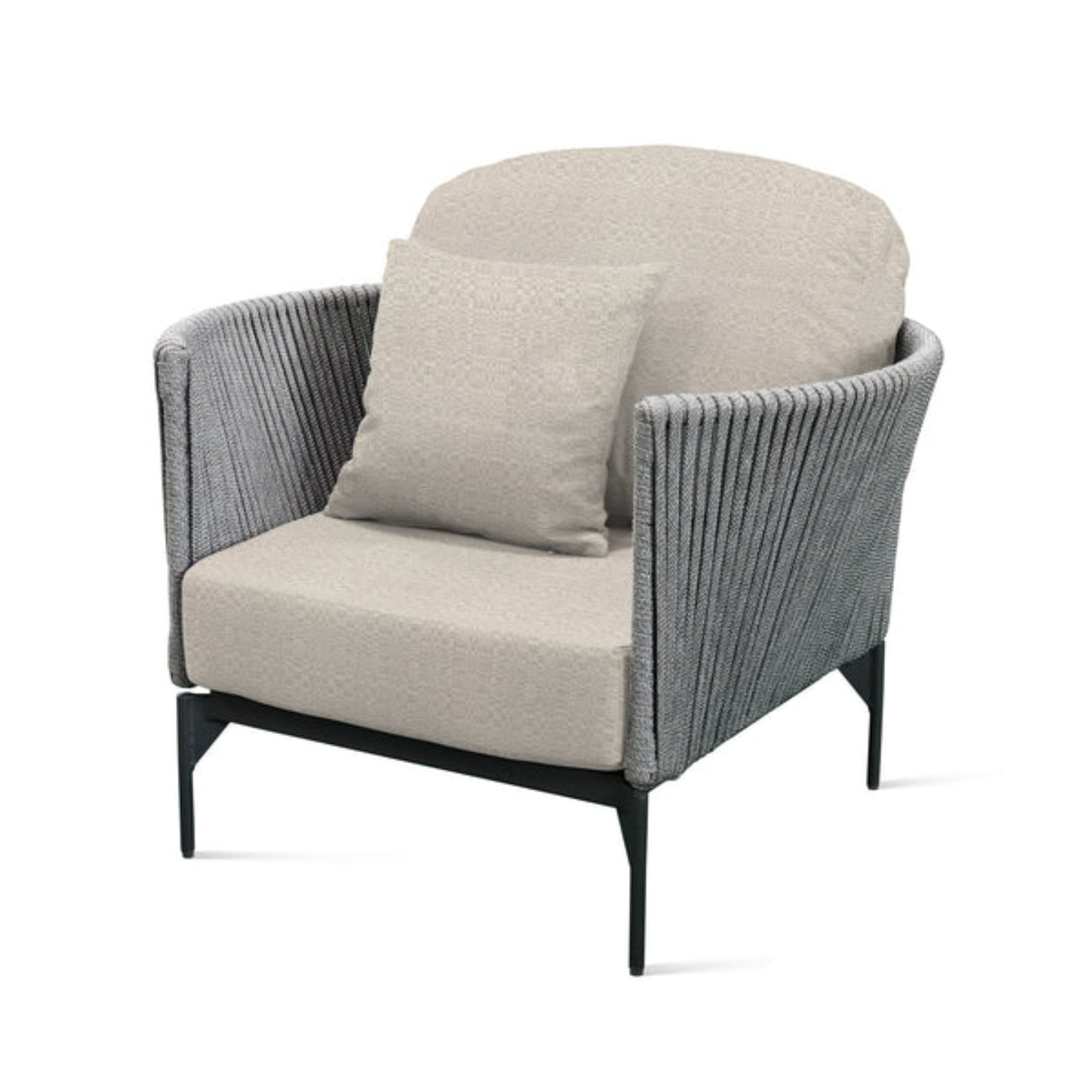 Skyline Design Boston outdoor lounge chair with light grey strap weave and armrests, ideal for patio relaxation.