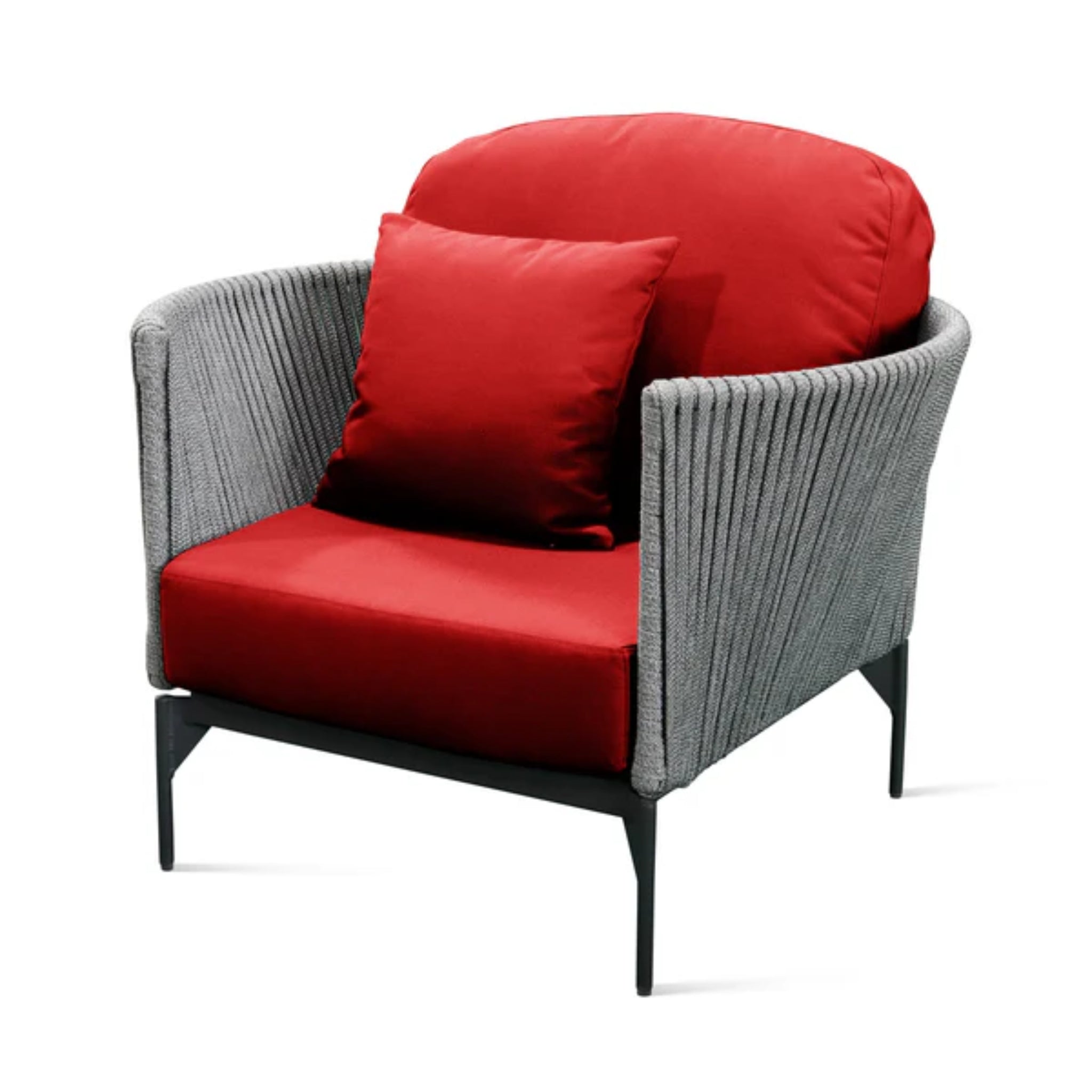 Skyline Design Boston outdoor lounge chair with light grey strap weave and armrests, ideal for patio relaxation.