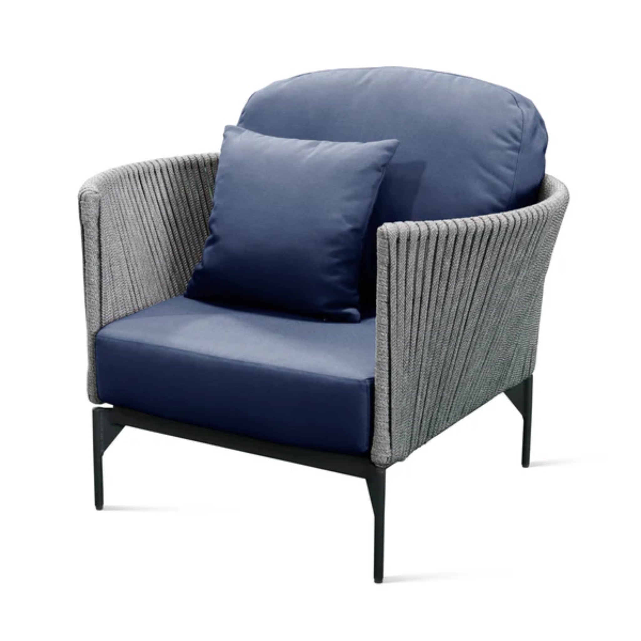 Skyline Design Boston outdoor lounge chair with light grey strap weave and armrests, ideal for patio relaxation.