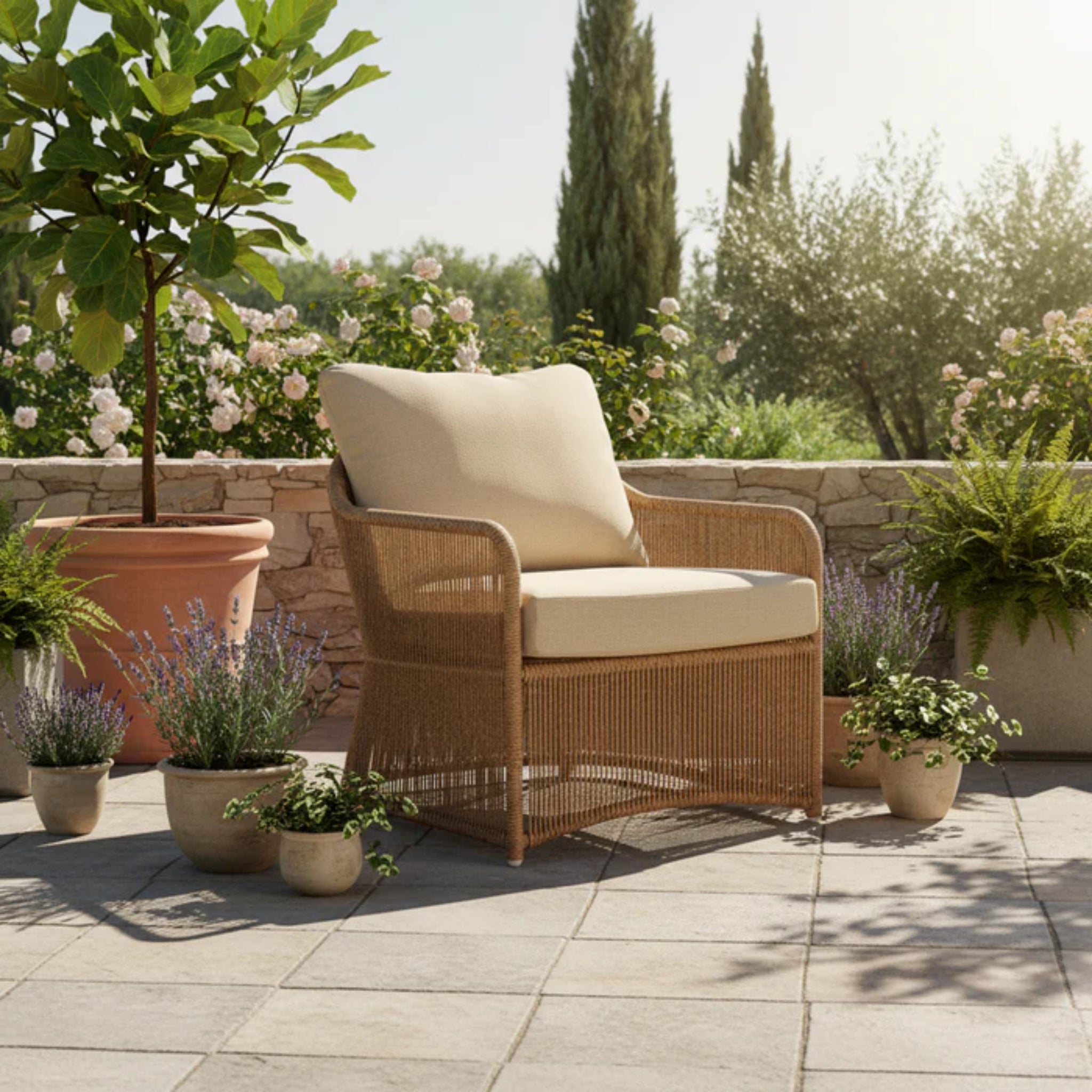 Skyline Design Calixto outdoor lounge set includes patio sofa, chairs, and tables with Nigerian twist weave design.