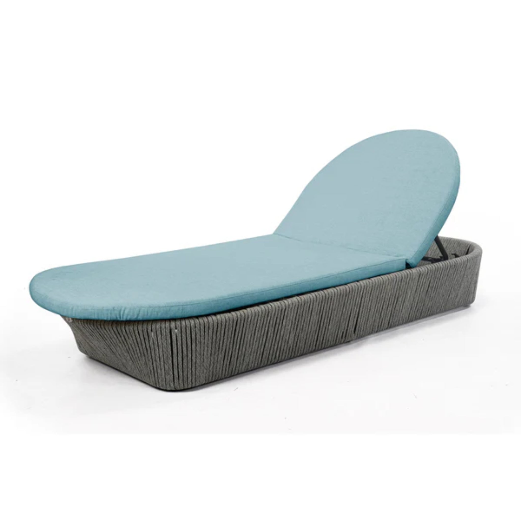 Skyline Design Boston outdoor chaise lounge with light grey strap weave and cushioned seating, ideal for poolside relaxation.