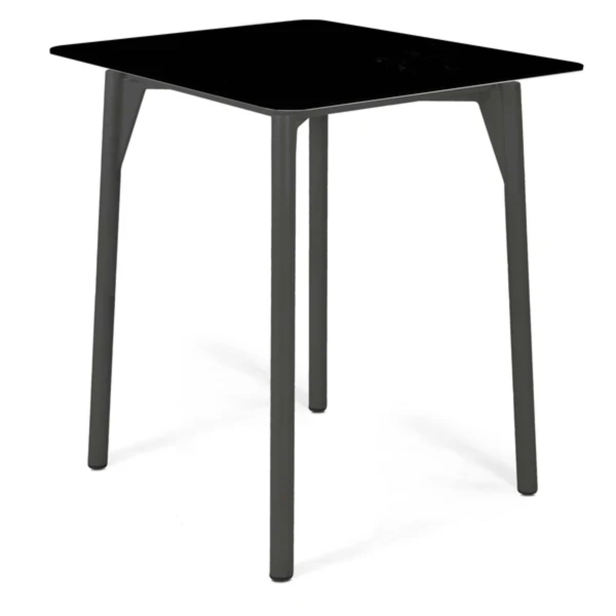 Skyline Design Boston outdoor pub table with black glass top and four matching barstools, perfect for patio dining.