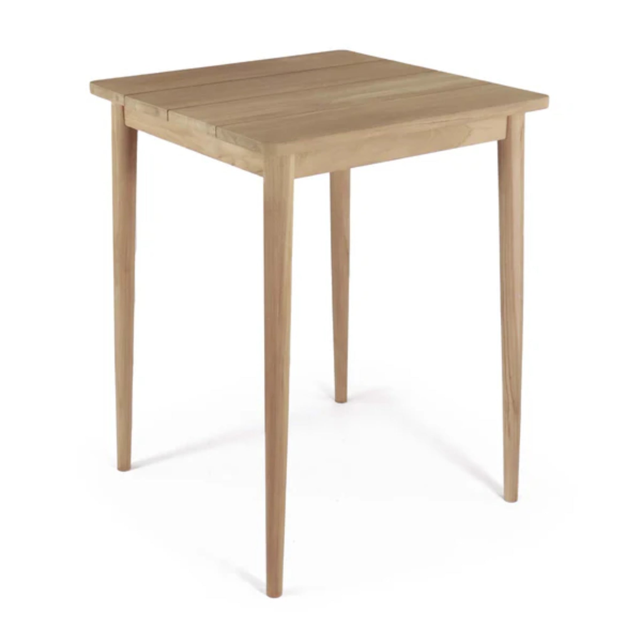 Skyline Design Calixto outdoor pub table with four matching teak barstools, ideal for patio or backyard seating.