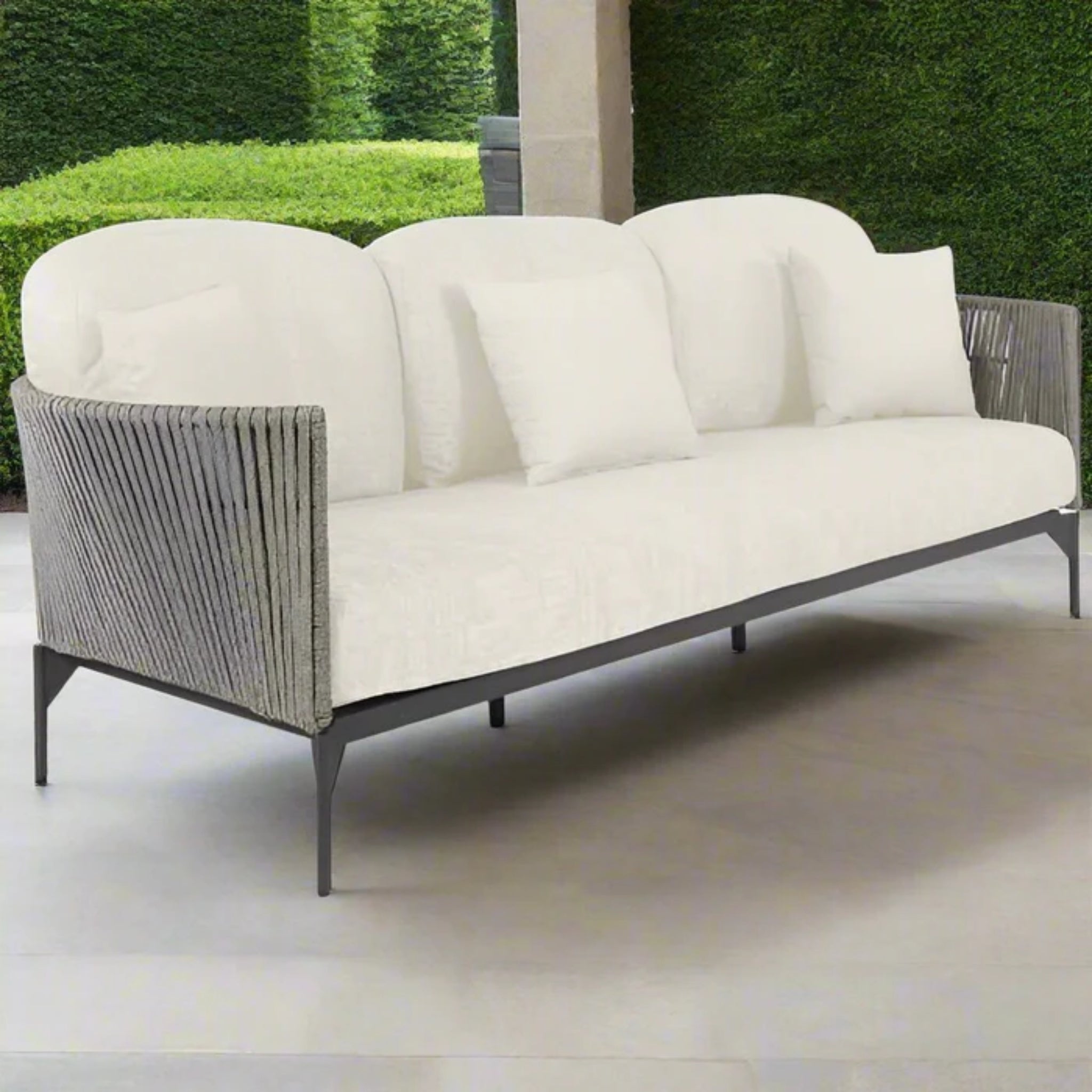 Skyline Design Boston outdoor lounge set with light grey woven sofa, chairs, and tables for stylish outdoor relaxation.
