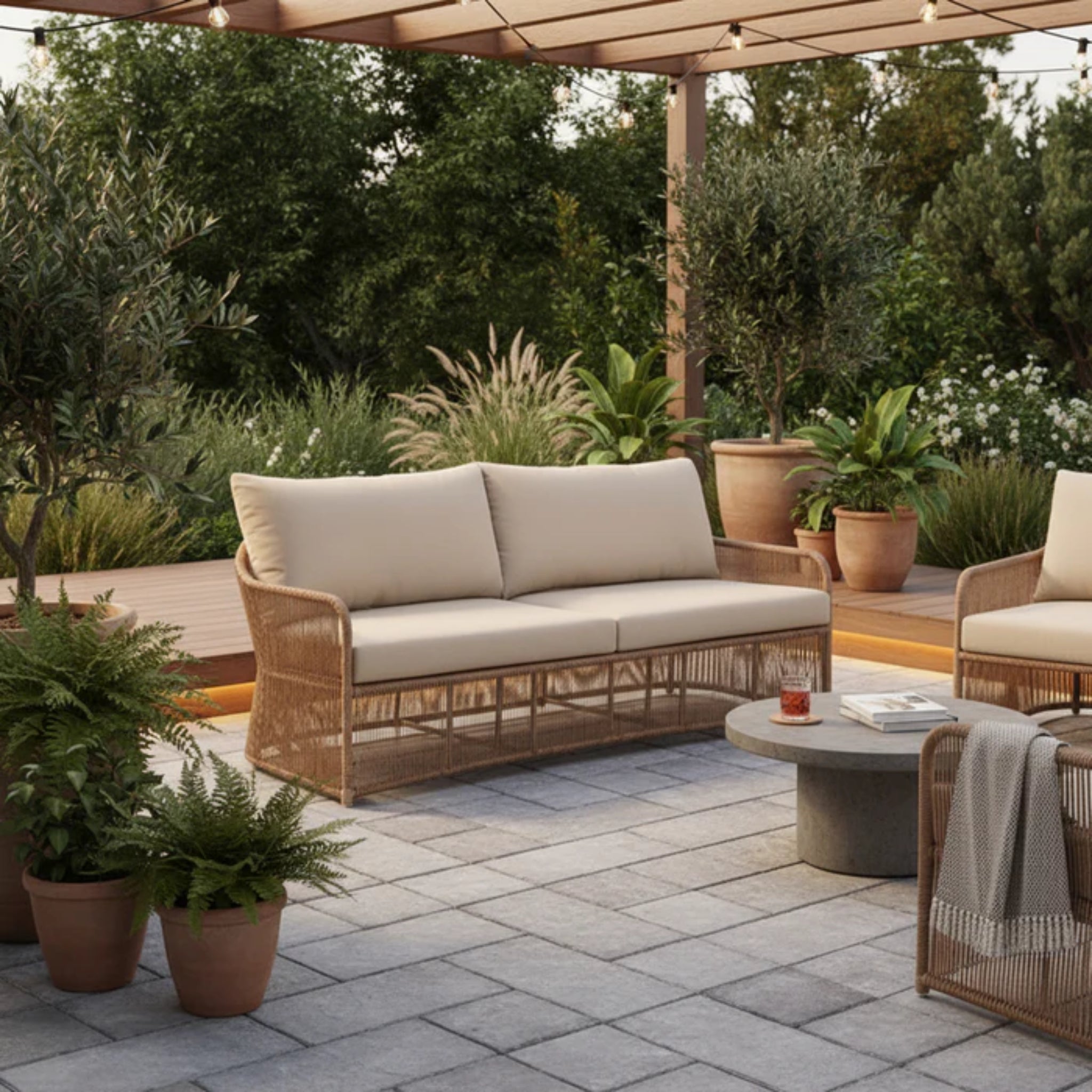 Skyline Design Calixto outdoor lounge set with sofa, chairs, and tables featuring Nigerian twist weave design for outdoor relaxation.