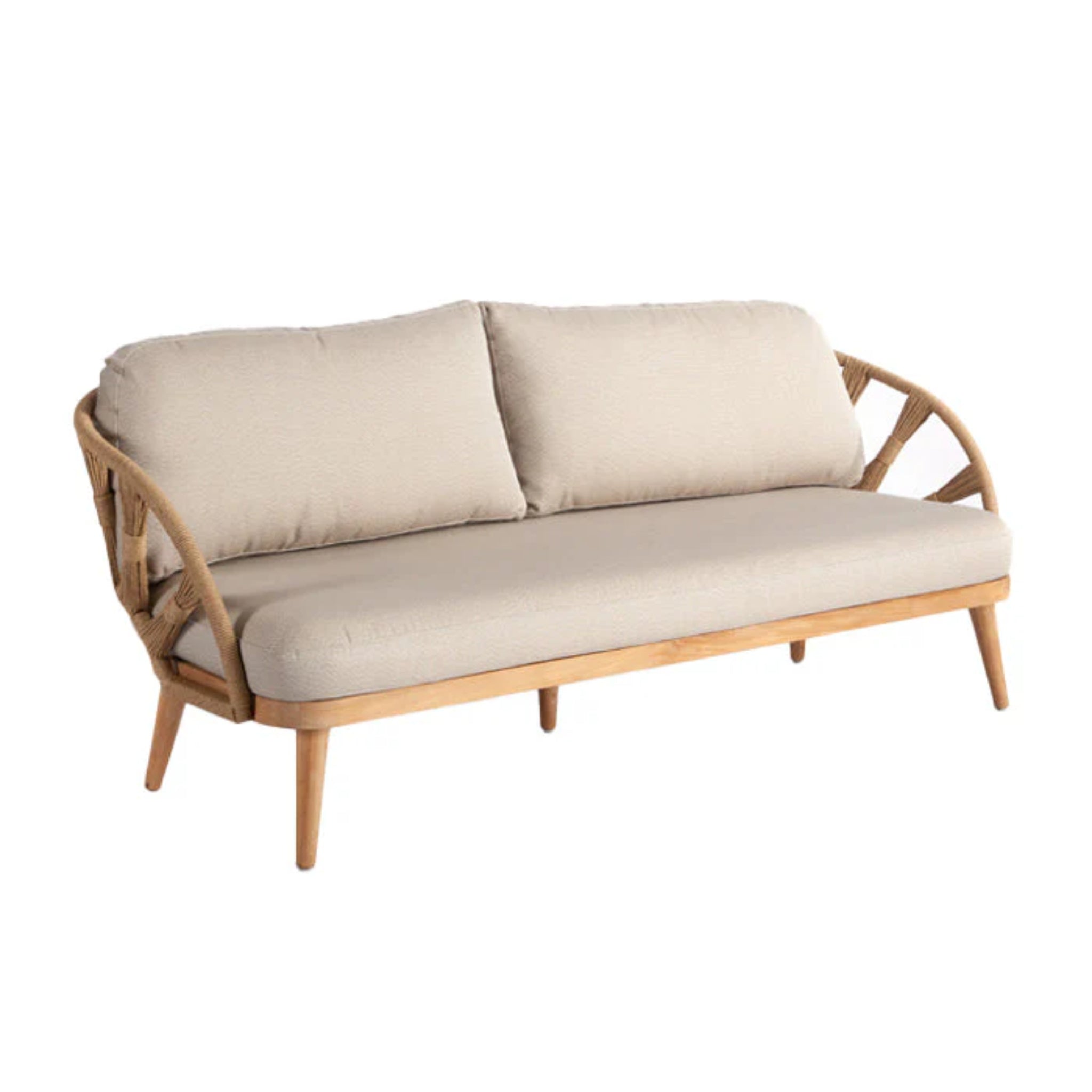 Skyline Design Krabi 7-Piece outdoor lounge set with sofas, chairs, and tables featuring natural rope and teak wood.