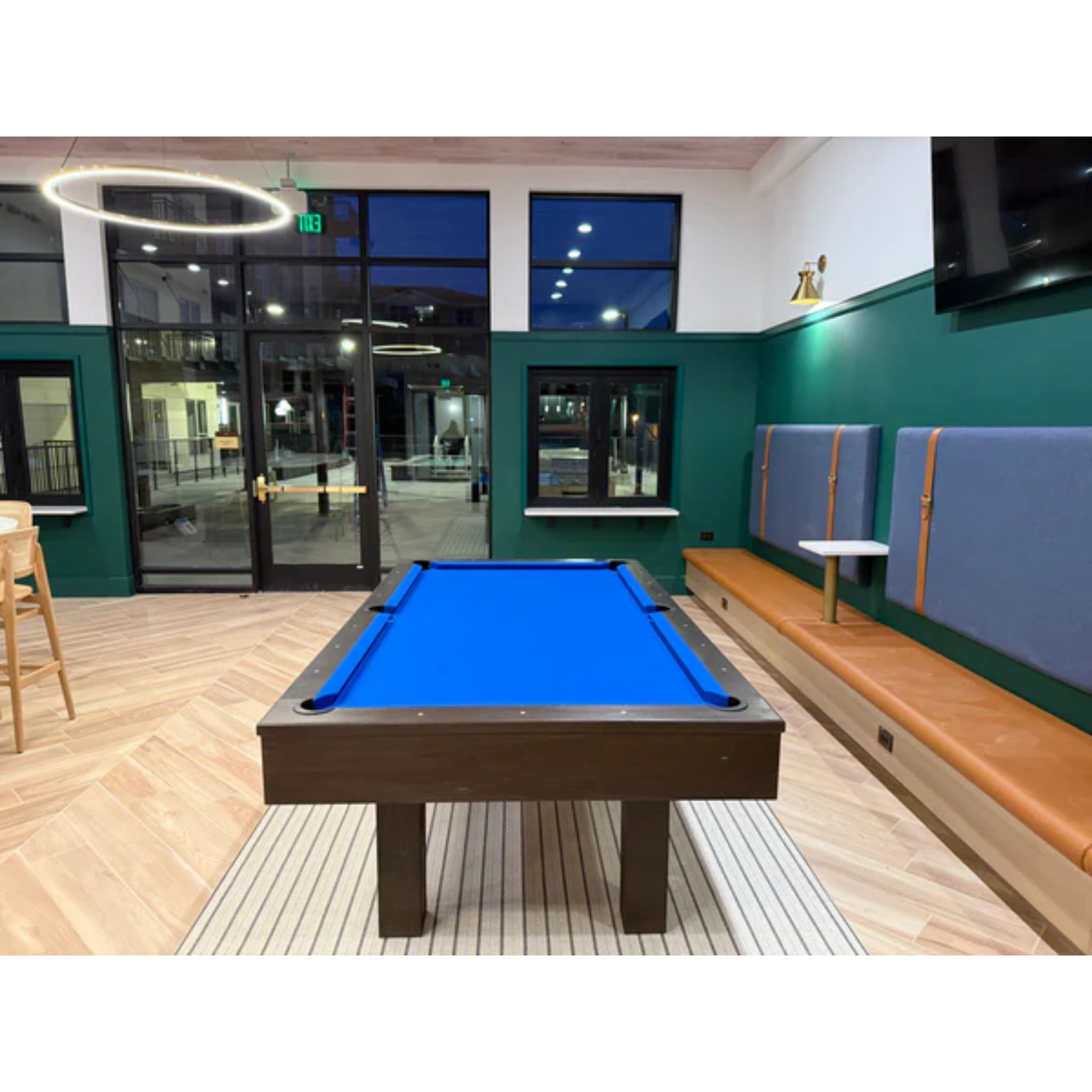True North Legacy 8 ft solid hardwood billiards pool table with espresso finish, navy blue felt, Italian slate, and classic design.