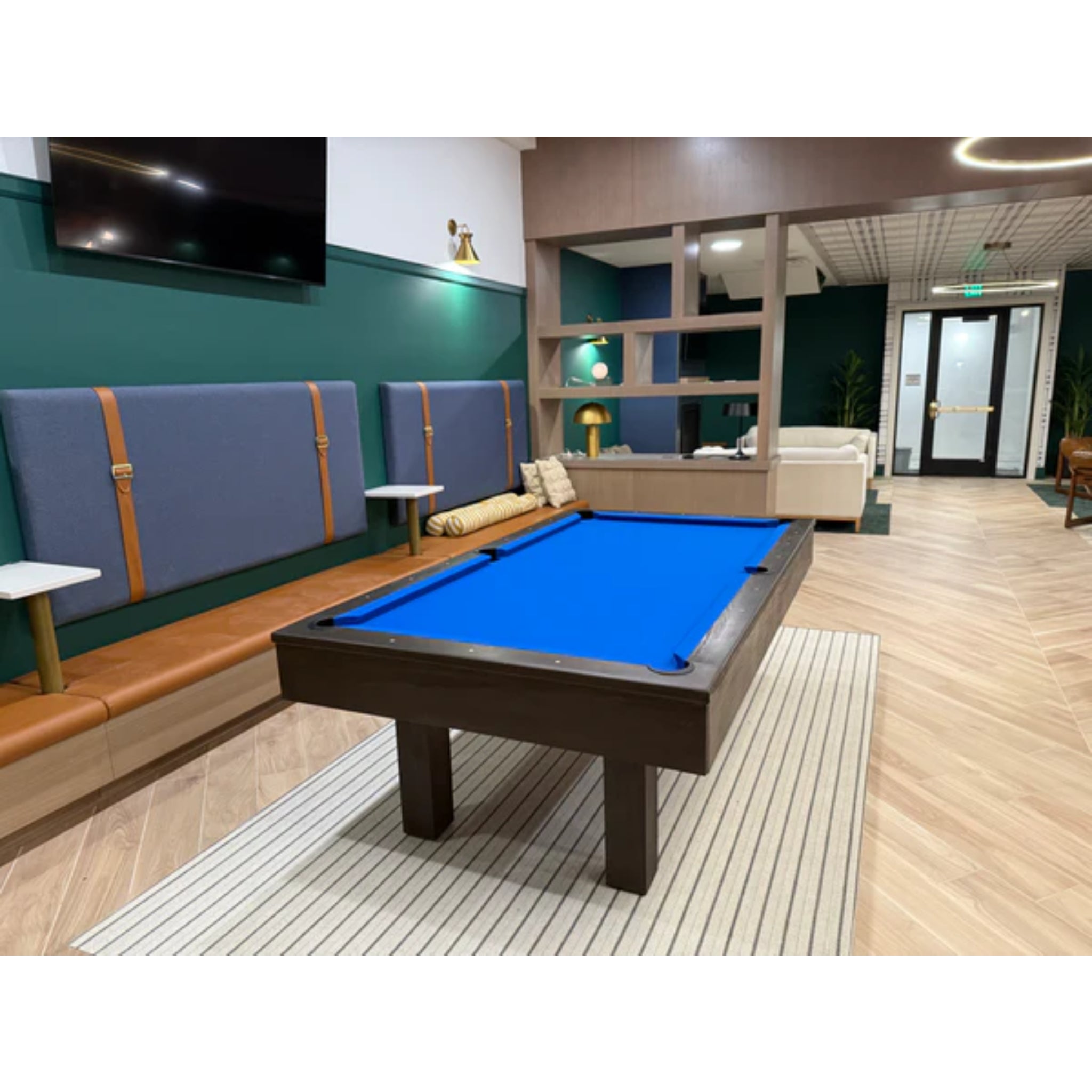 True North Legacy 8 ft hardwood pool table with navy blue felt, espresso-dark chocolate finish, and Italian slate surface.