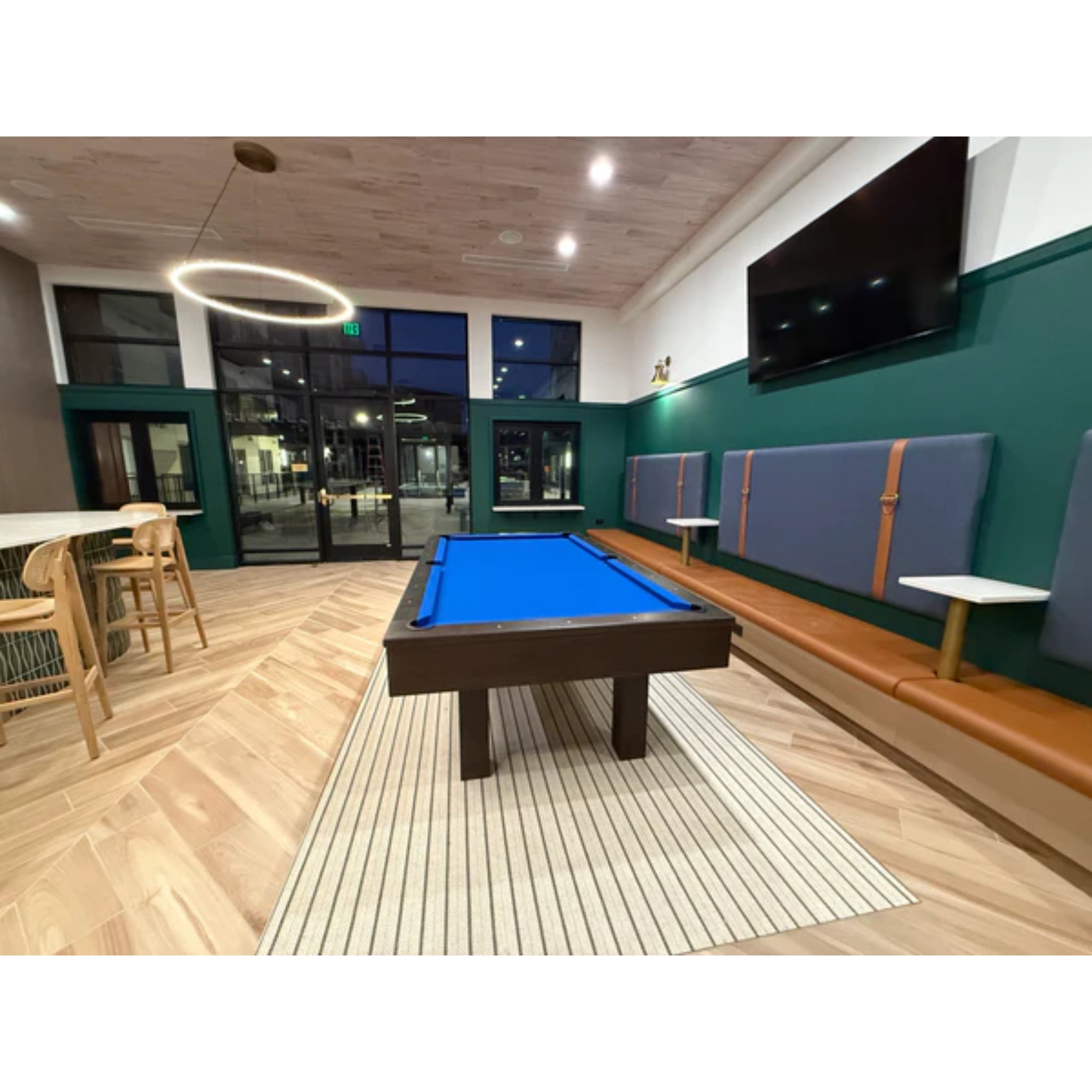 True North Legacy 8 ft pool table with solid hardwood frame, espresso finish, navy blue felt, and Italian slate for billiards.