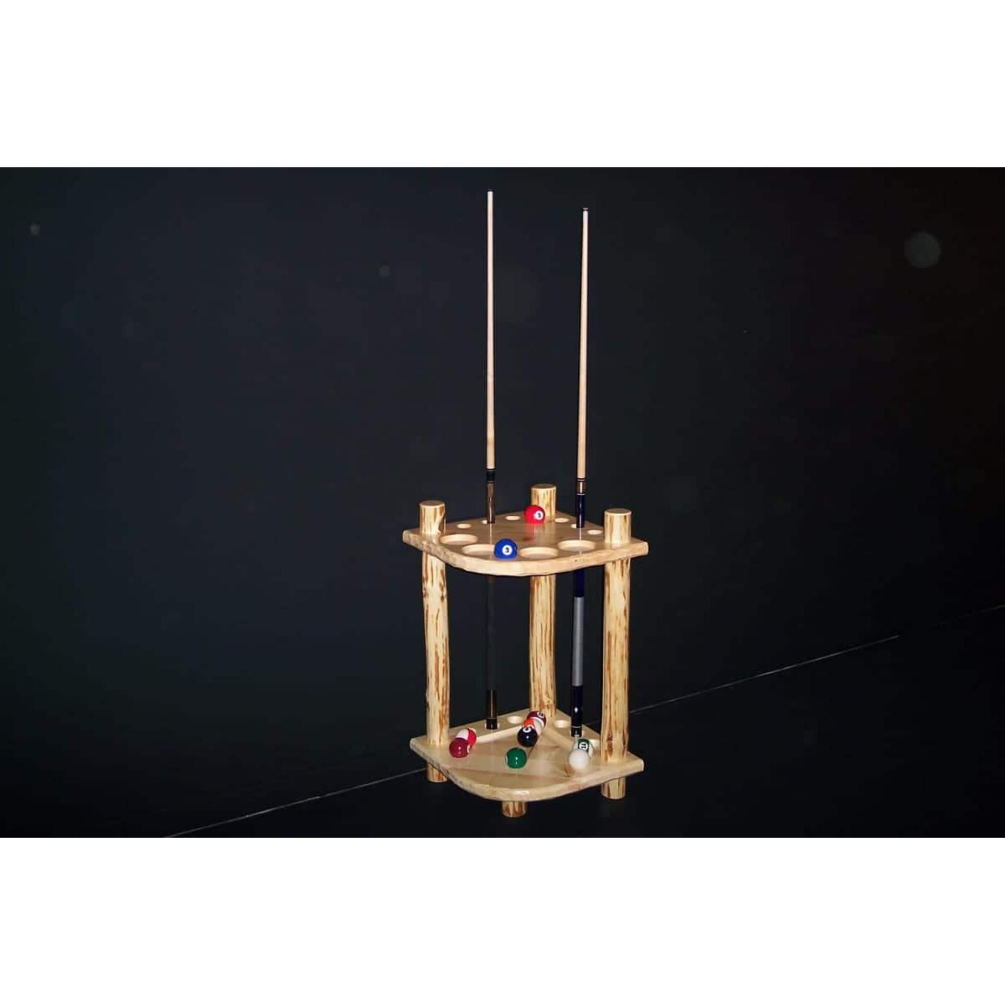 Viking Log Furniture Klondike cue rack with four style options, made of wood, designed for organizing billiard cues.