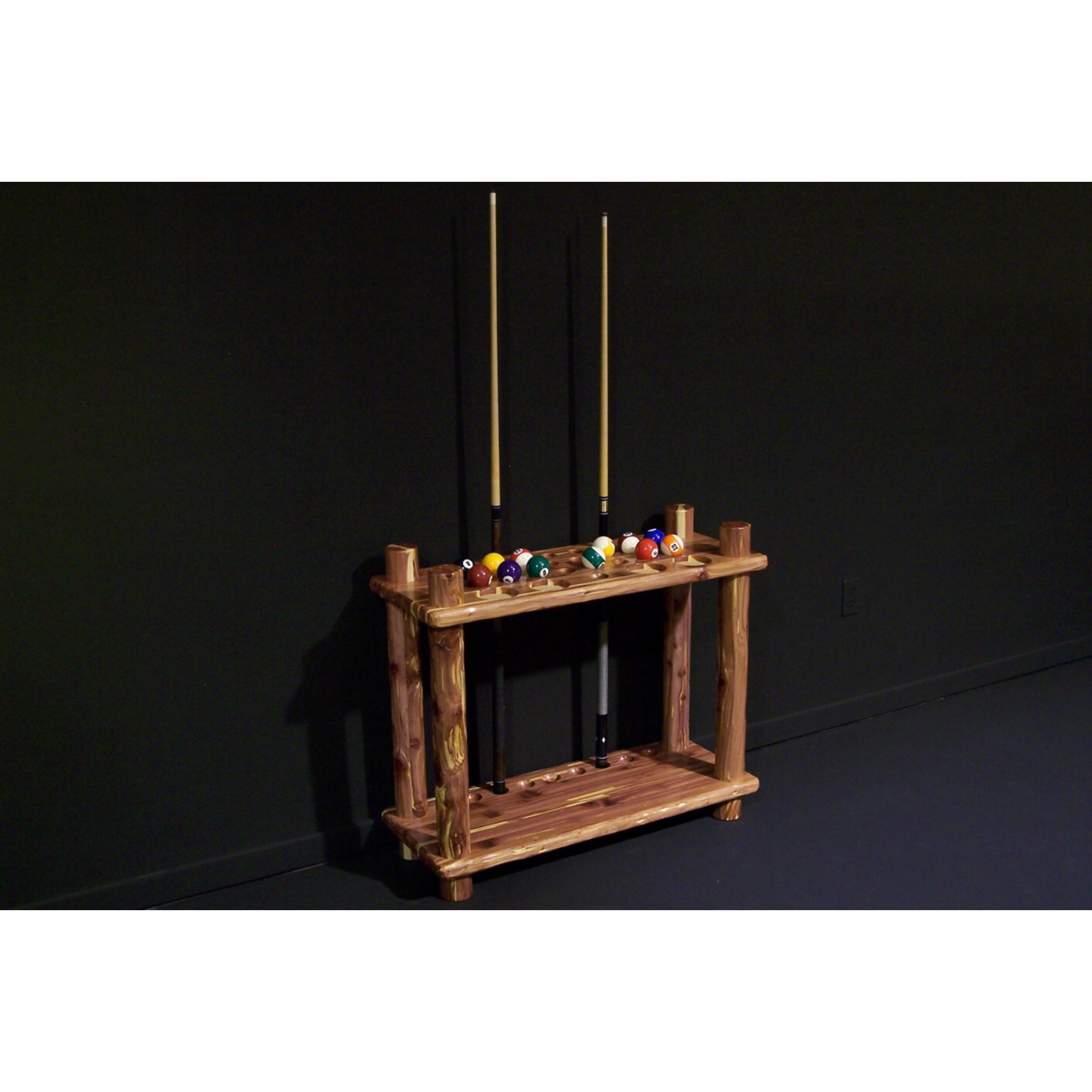 Viking Log Furniture red cedar cue rack with multiple slots for cue sticks, standing on a clear floor.