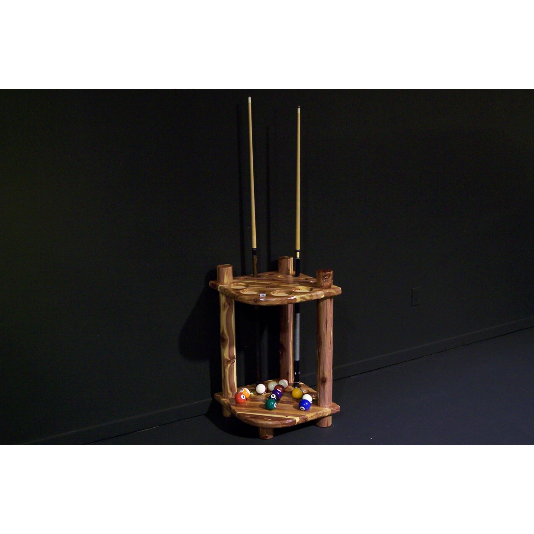 Viking Log Furniture Red Cedar cue rack with multiple slots for cue sticks, crafted from natural red cedar wood.