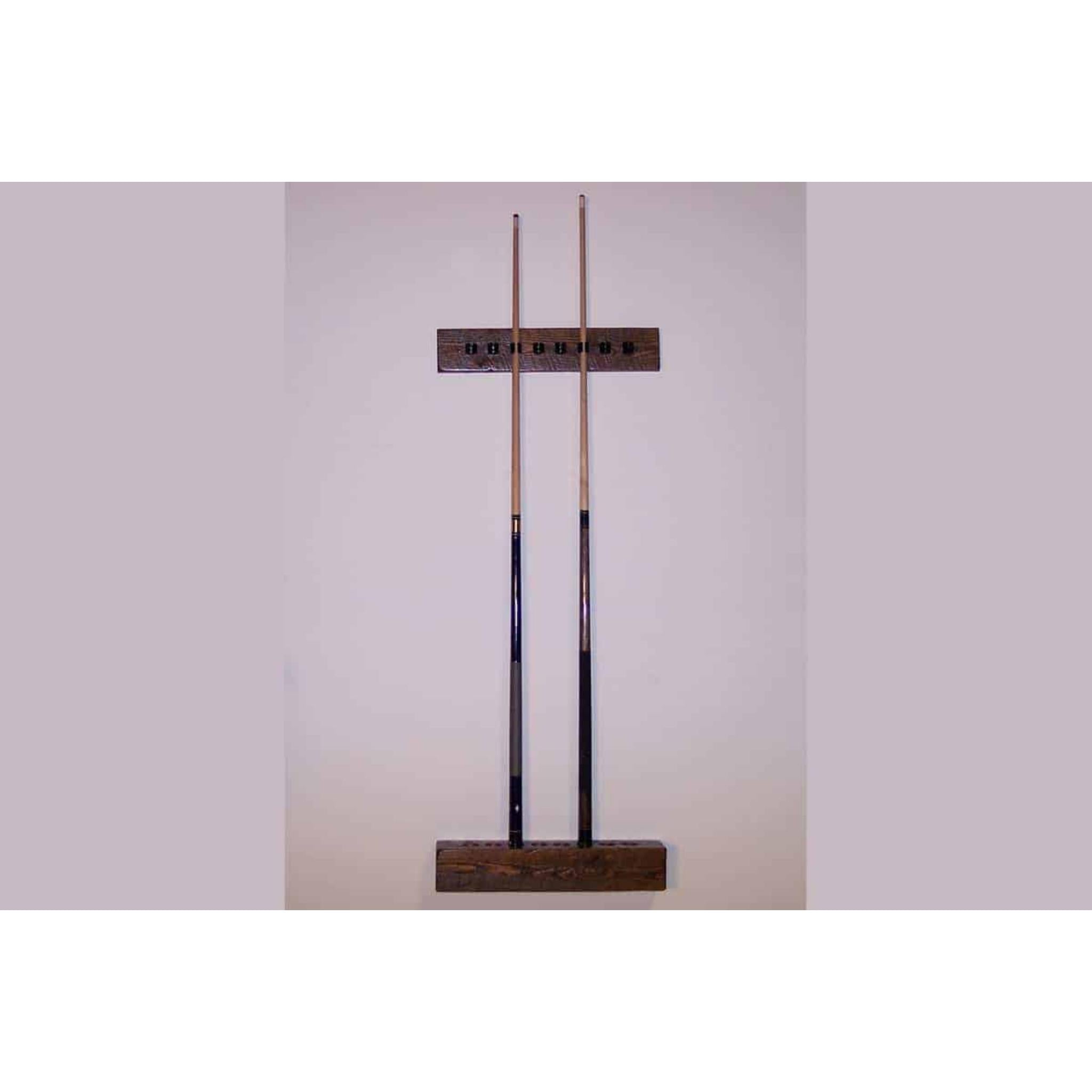 Viking Log Furniture barnwood cue rack with four styles, honey pie finish, ideal for organizing pool cues and accessories.