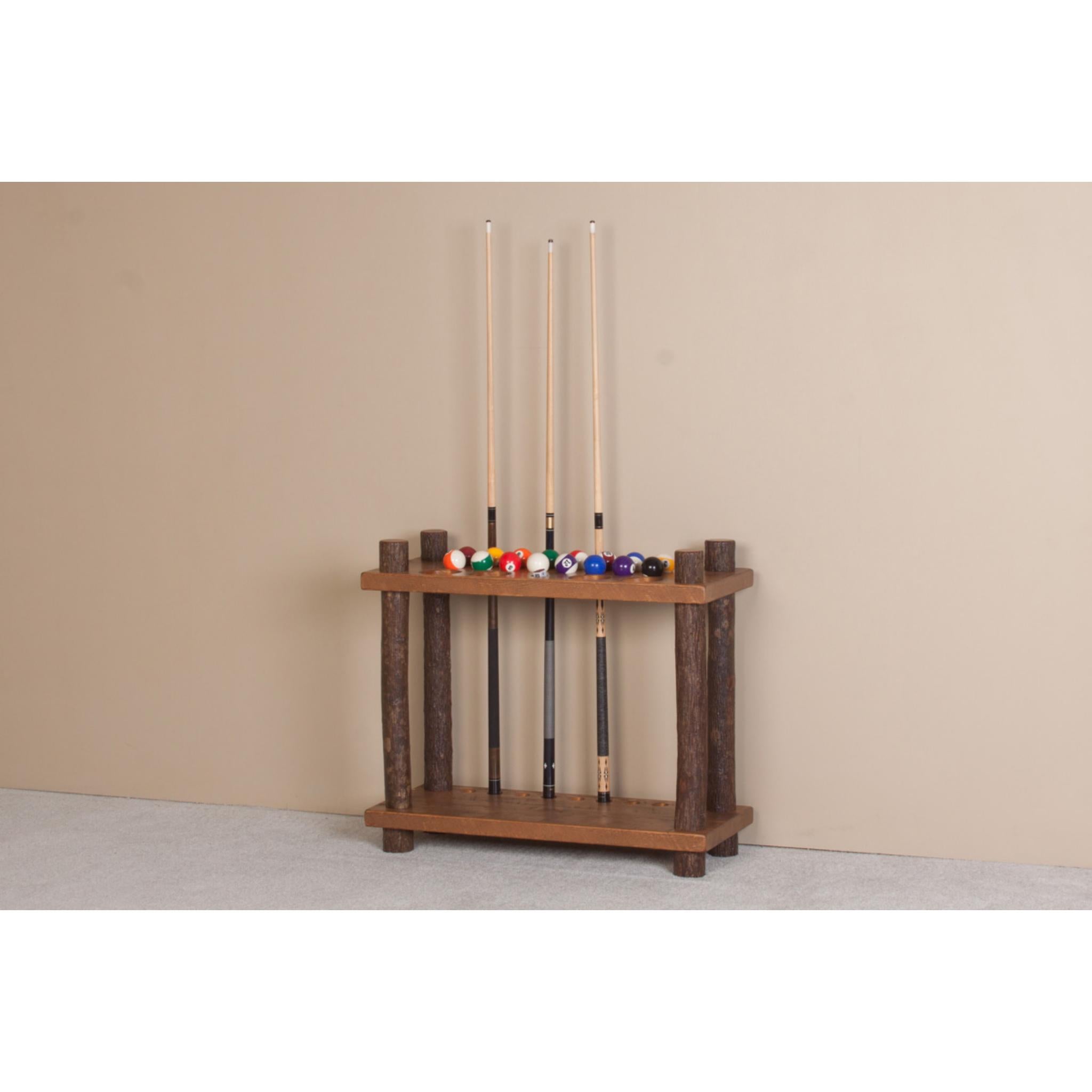 Viking Log Furniture Sawtooth Hickory Log Pool Table with rustic wood finish and matching cue rack in honey pie color.