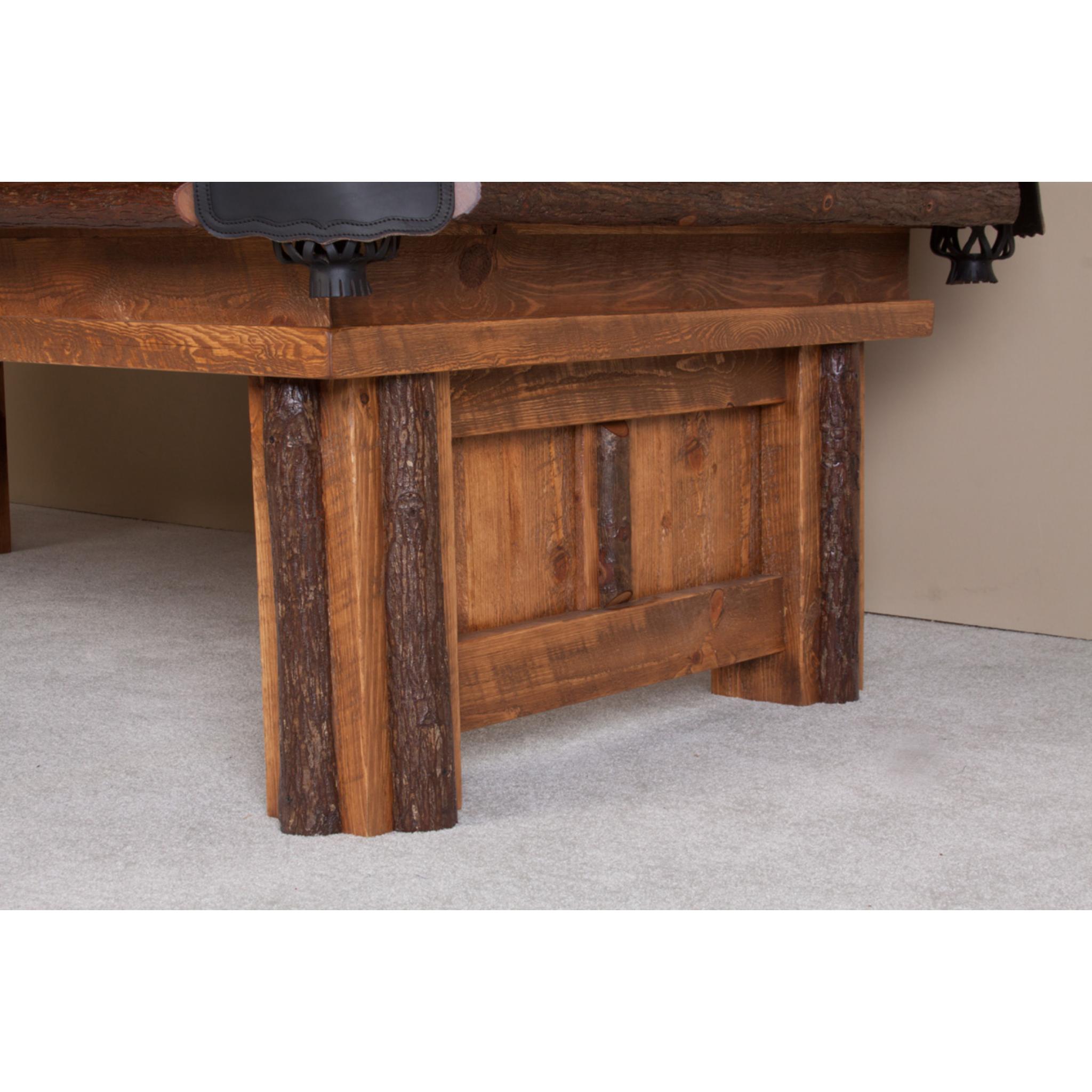 Viking Log Furniture sawtooth hickory log pool table with honey pine panels, rustic billiards table for game room decor.