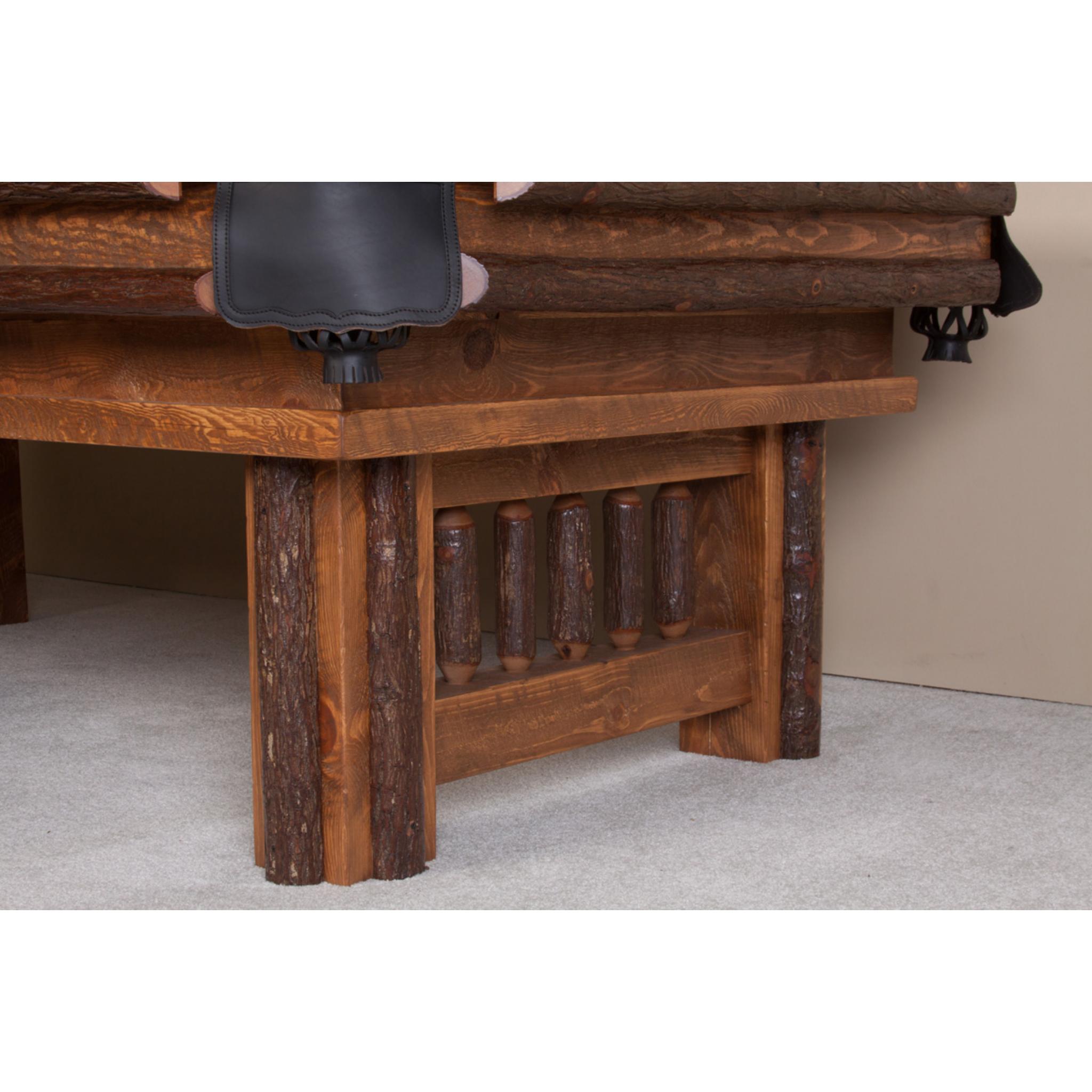 Viking Log Furniture 7-ft Sawtooth Hickory Log Pool Table with honey pine panels, rustic billiards table for game room decor.