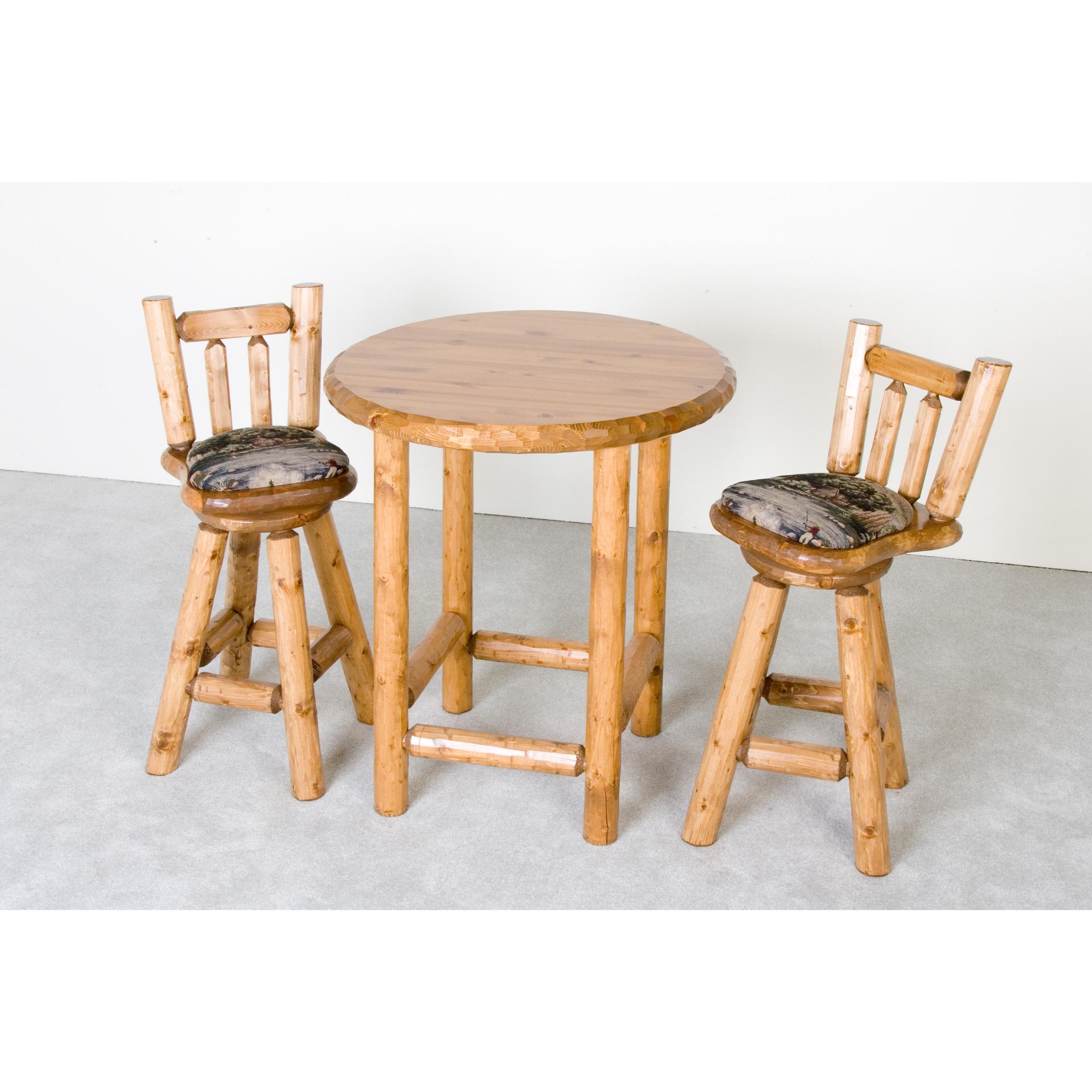 Rustic Viking Log Furniture pub table with honey-colored solid wood, bar height design, perfect for rustic or log cabin decor.